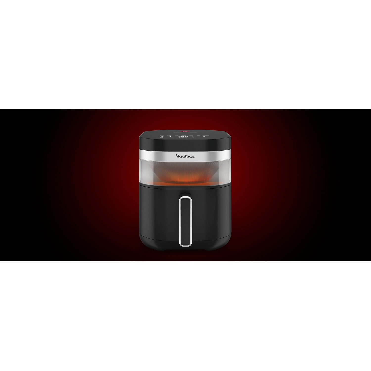 A black and silver Moulinex appliance on a red gradient background. It has a transparent section showing an orange glow.