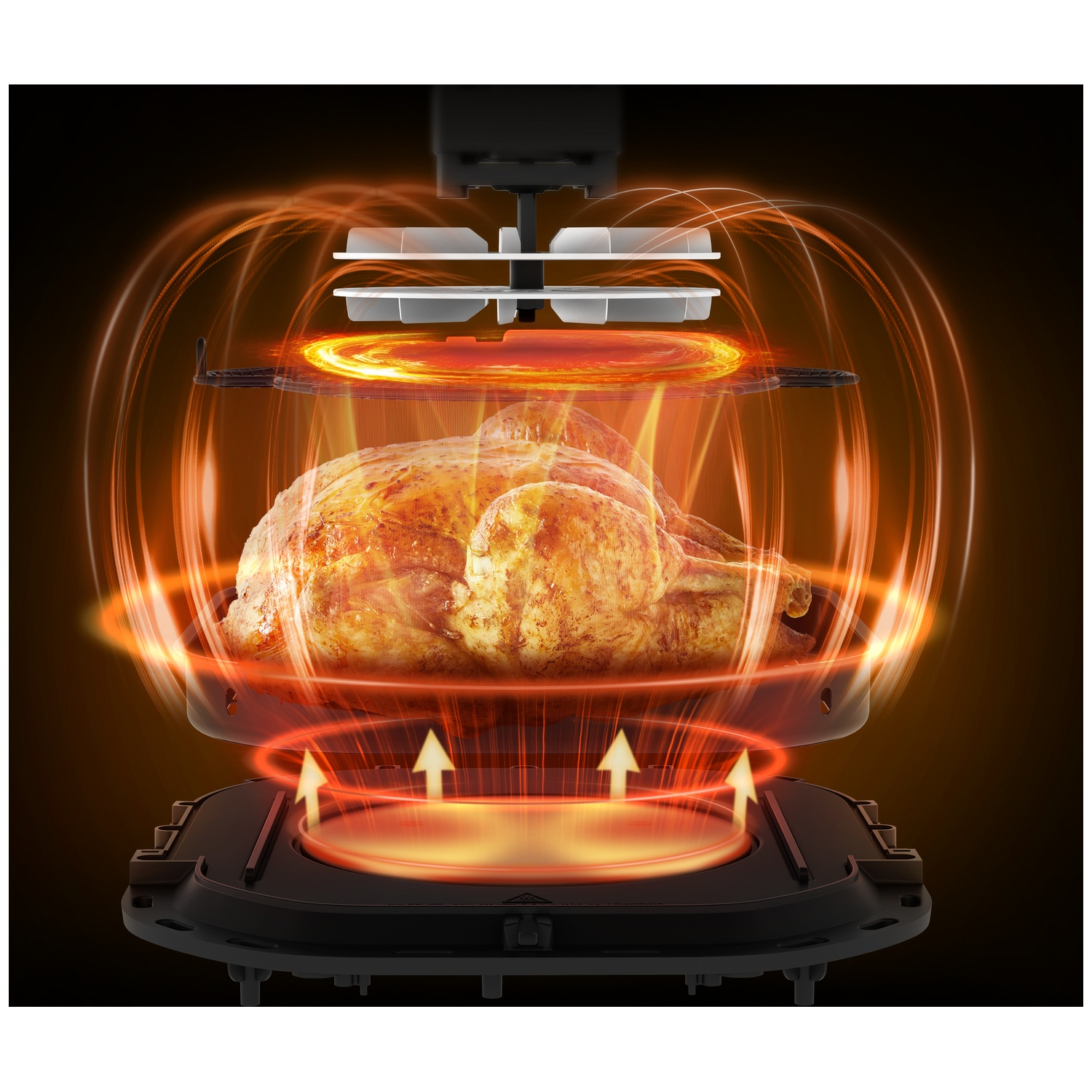 A roasted chicken in an air fryer with heat flow visualization. The image depicts the cooking process with orange energy lines.