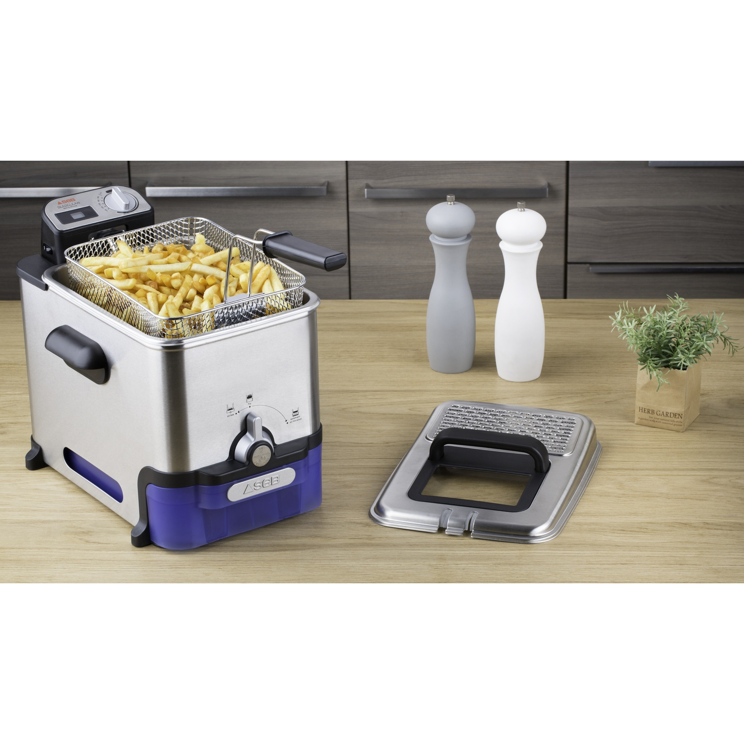 Une friteuse en acier inoxydable avec des frites à l'intérieur, un couvercle, des salières et poivrières et une petite plante, sur une surface en bois.