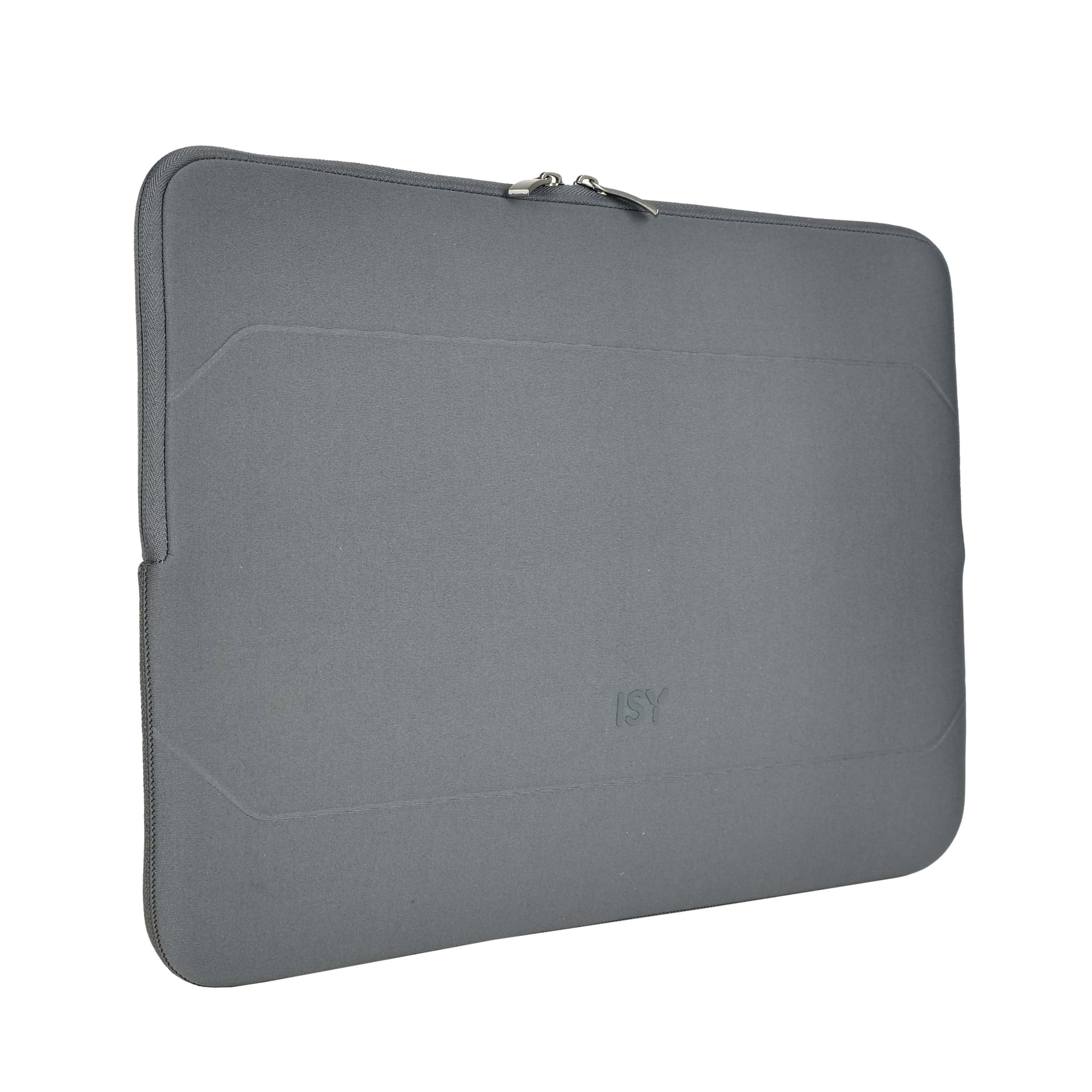 Eine graue Laptoptasche mit Reißverschluss. Die Marke 'ISY' ist auf der Vorderseite eingeprägt. Auf weißem Hintergrund.
