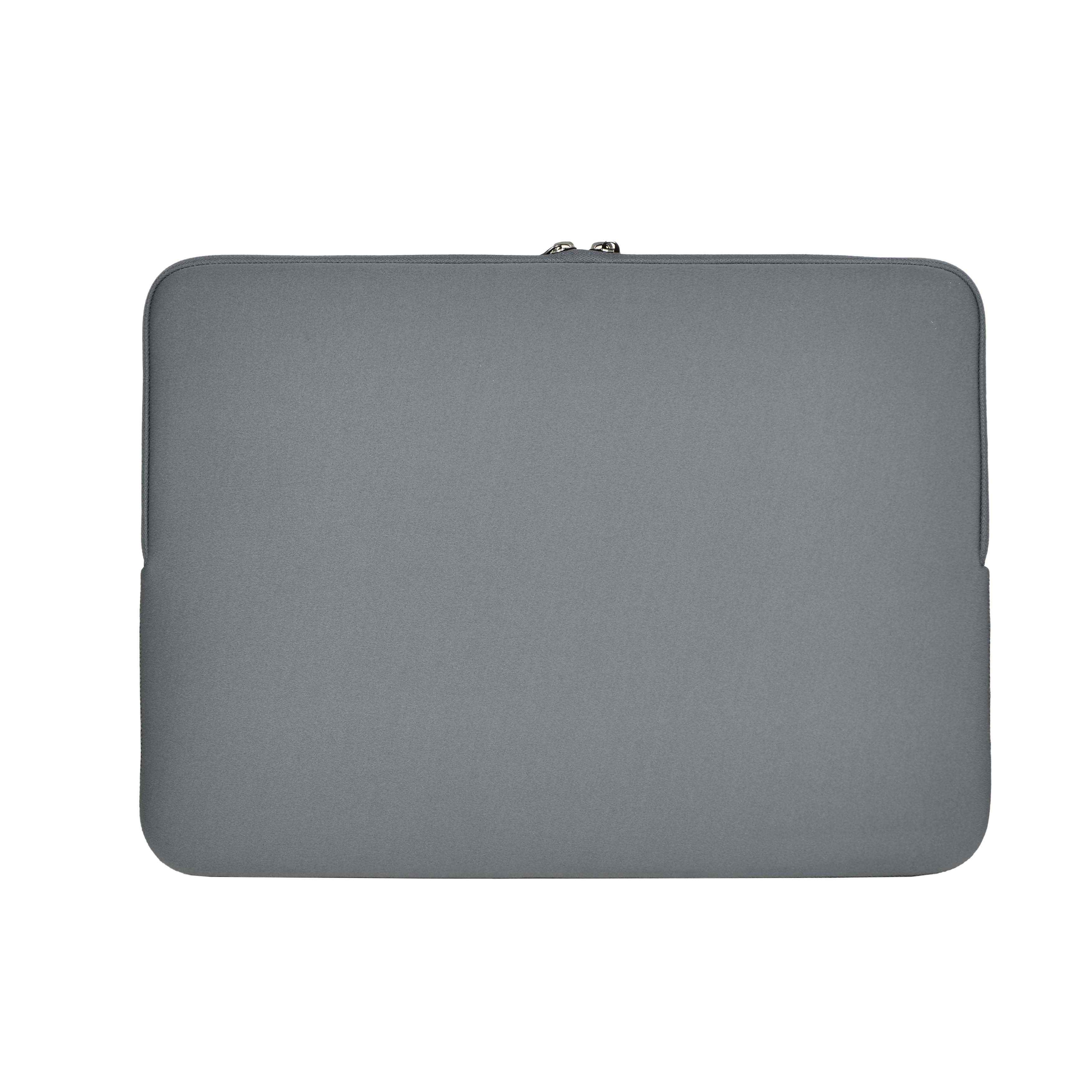 Eine graue Laptoptasche auf weißem Hintergrund. Es hat einen Reißverschluss und abgerundete Ecken.
