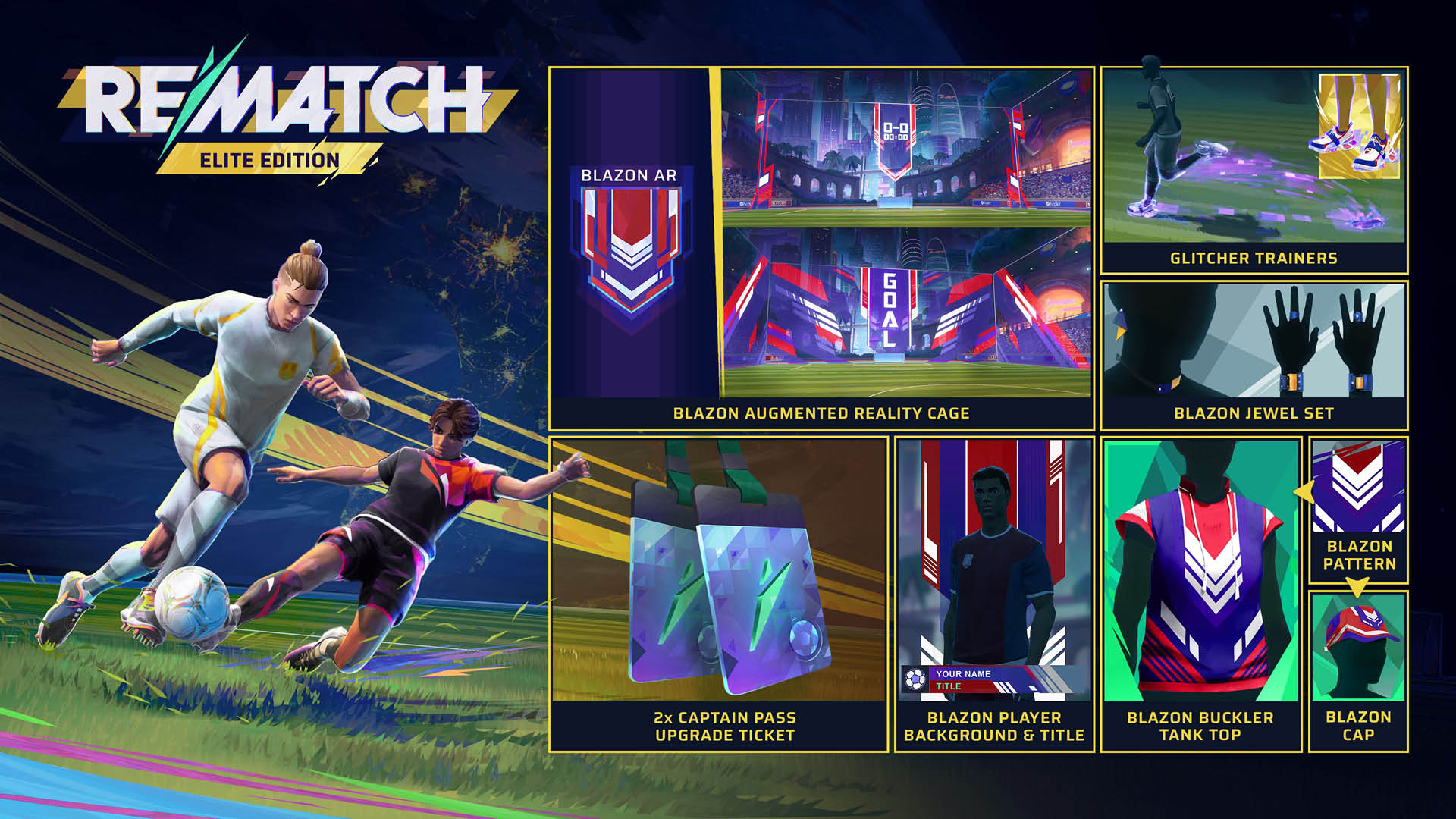 Futballisták rúgják a labdát, játékfelület elemei: AR ketrec, jegyek, ékszerkészlet, trikó, sapka és edzőcipő. Szöveg: ReMatch.