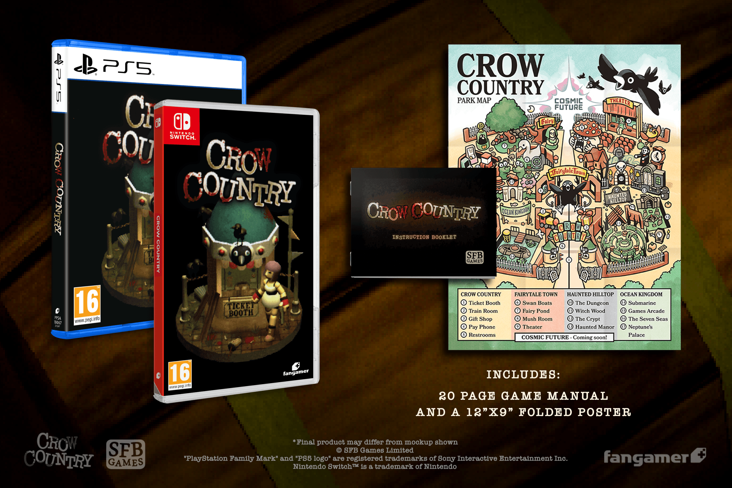 A képen PS5 és Switch játékkonzolok dobozai, egy parktérkép és egy használati útmutató látható a 'Crow Country' játékhoz.