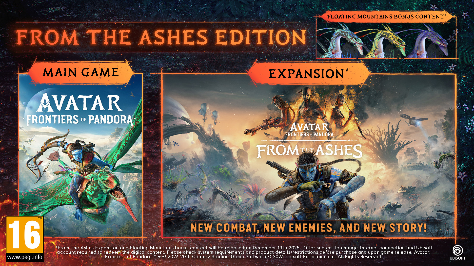 Avatar: Frontiers of Pandora játék hirdetése. Tartalmazza a játék grafikáját, a bővítmény részleteit és a megjelenési információkat.