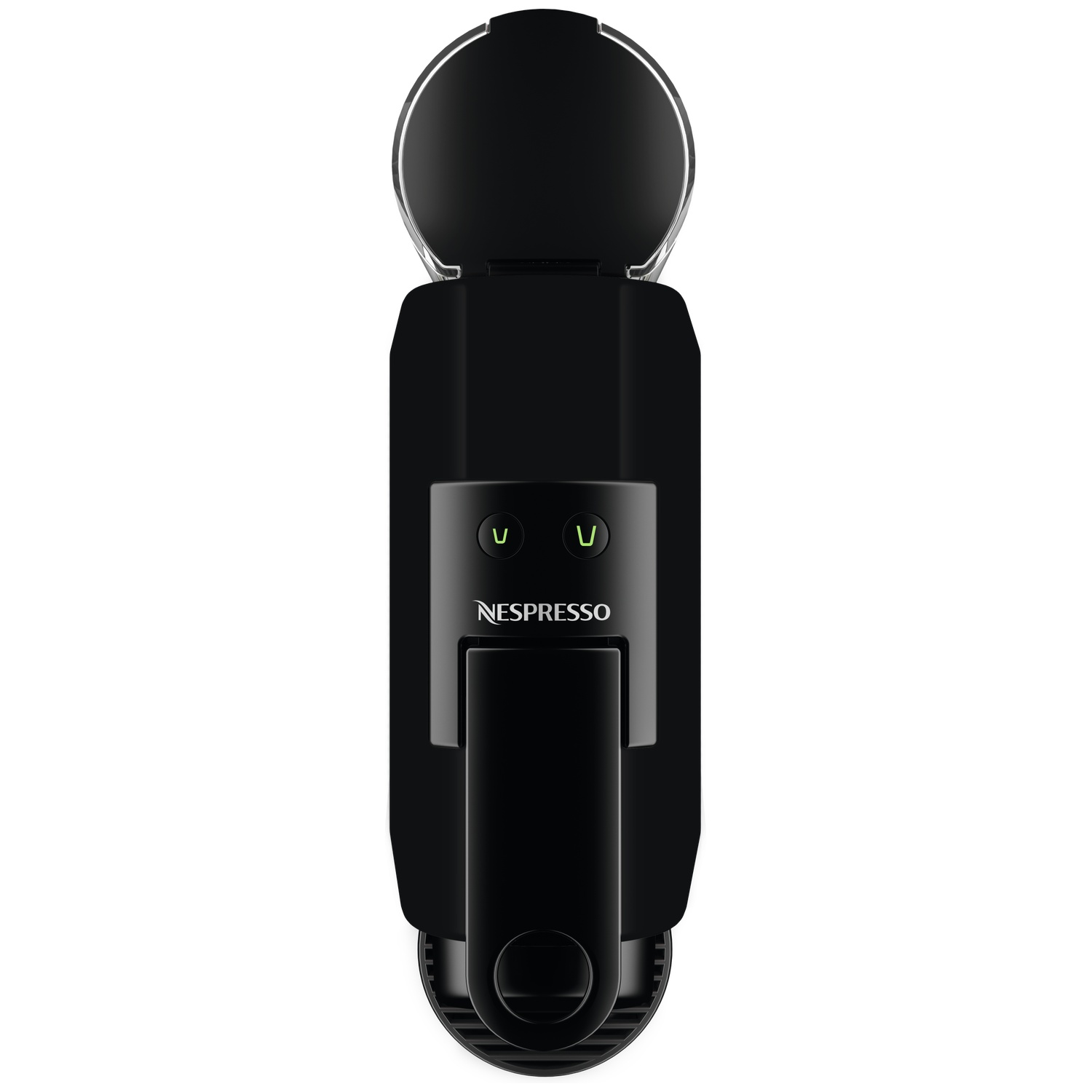 Top view of a black Nespresso coffee machine. The lid is open. The brand name is visible in the middle.