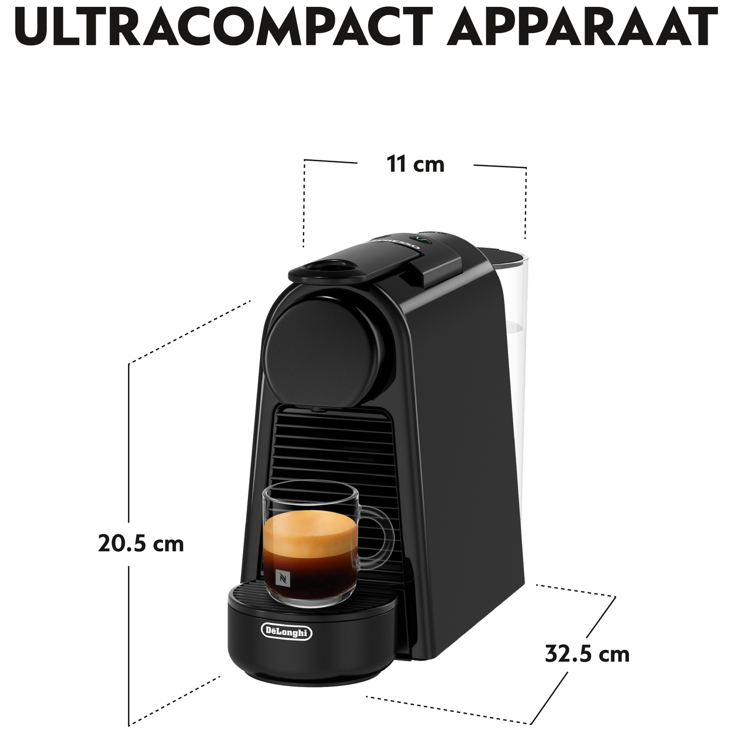 Black Delonghi coffee machine with a glass of coffee. Dimensions: 11 cm x 20.5 cm x 32.5 cm. Text at top: ULTRACOMPACT APPARAAT.
