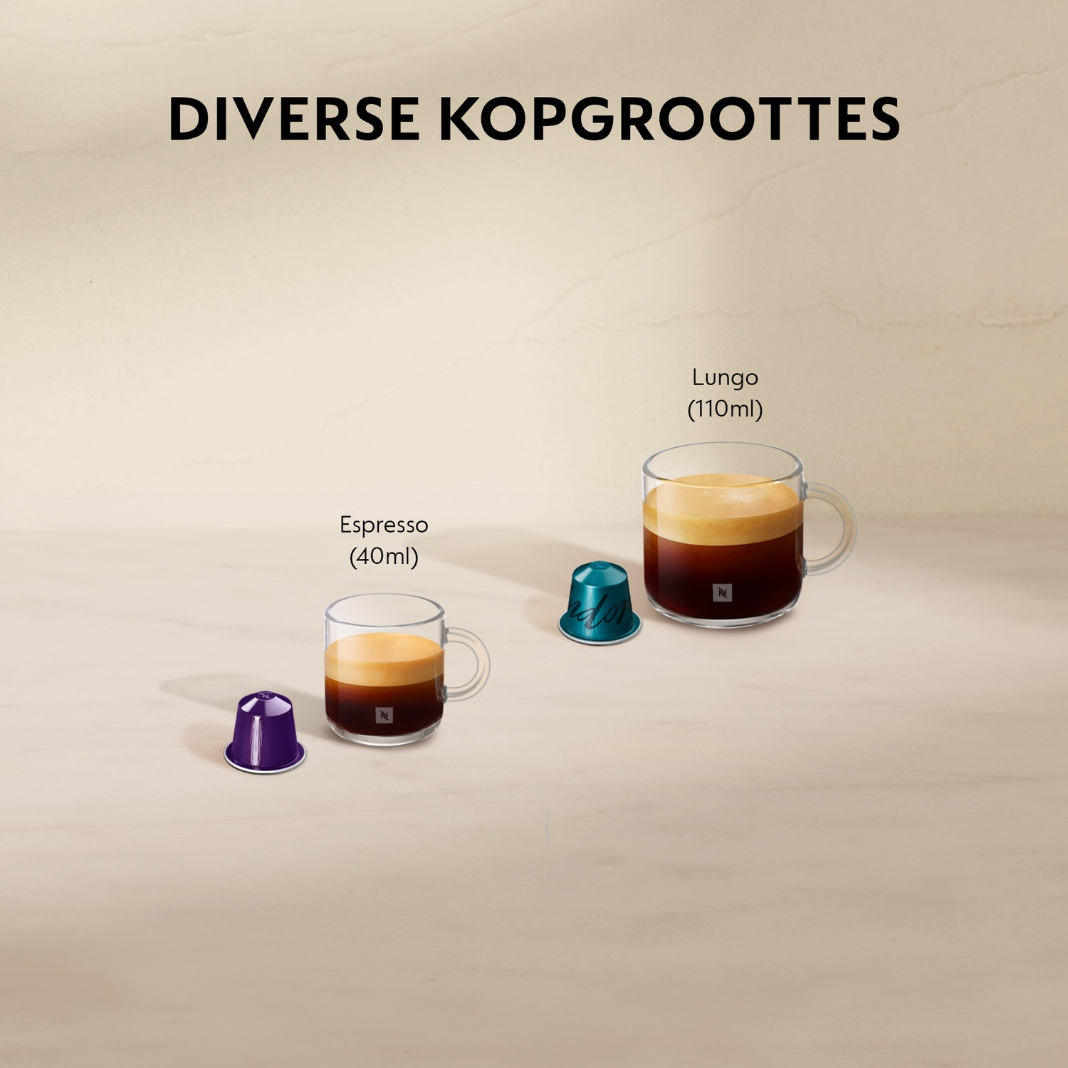 Image shows two coffee cups: Espresso and Lungo. Capsules are next to each cup. The background is a light brown color.