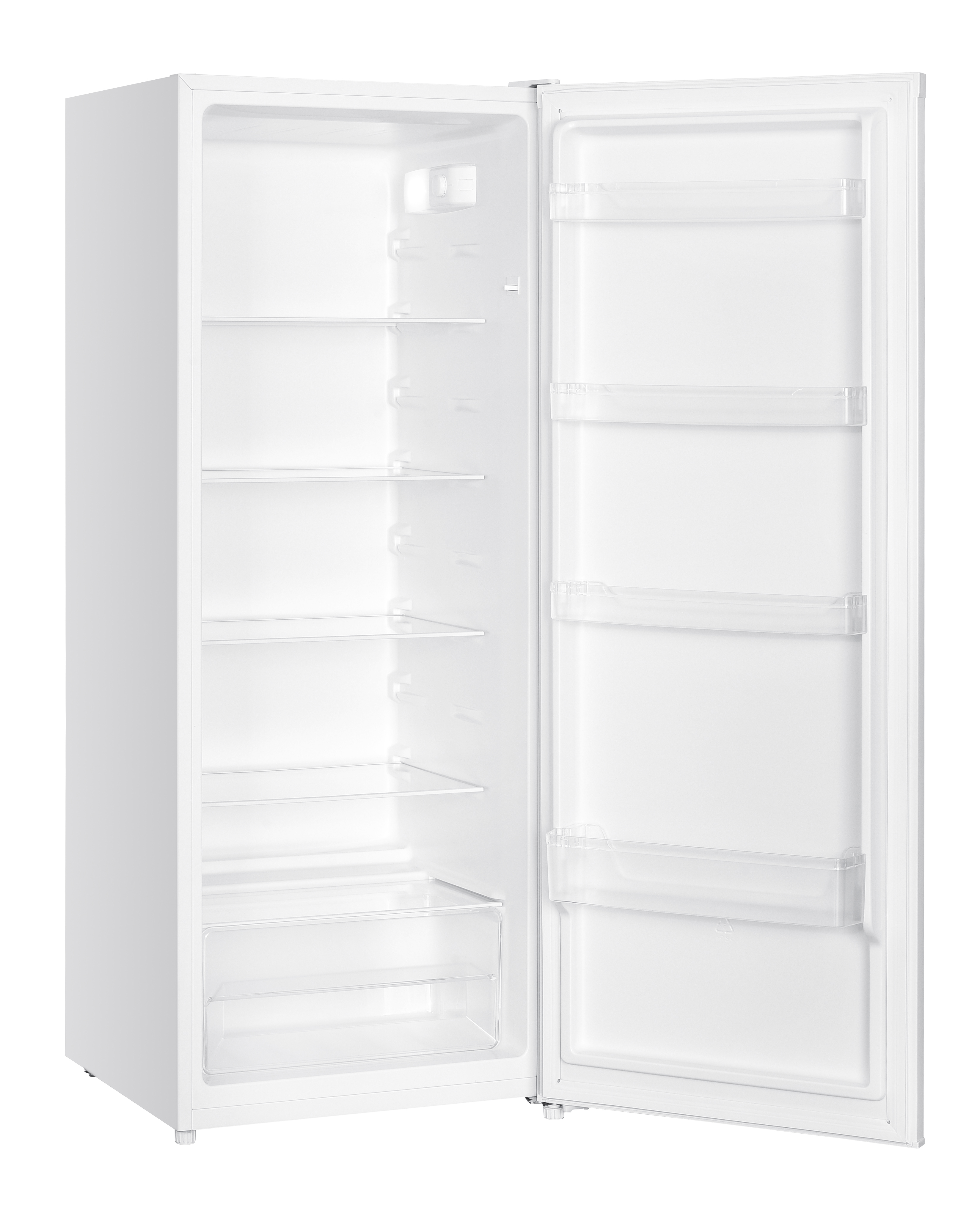 Ein leerer, weißer Kühlschrank mit offener Tür. Innenregale und Türablagen sind sichtbar.