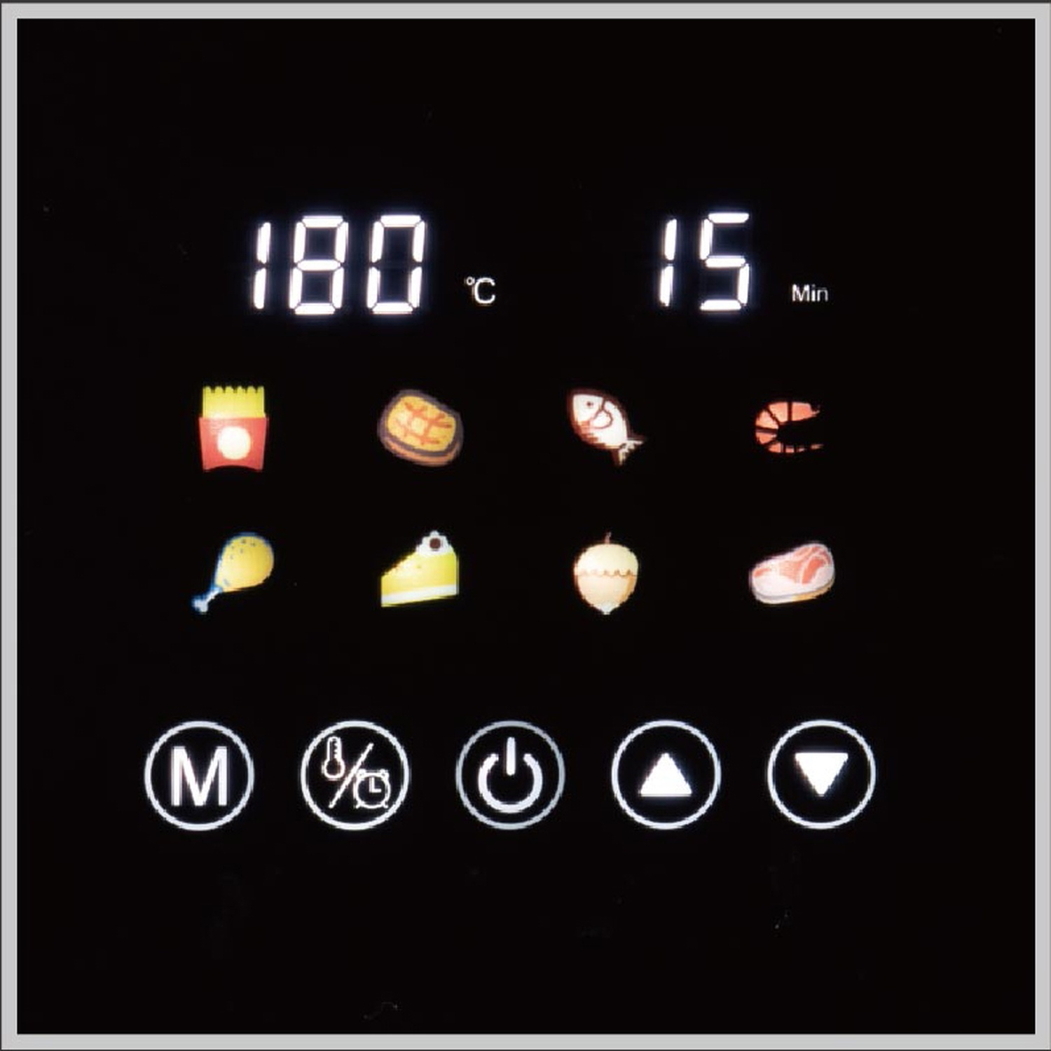 Pannello di controllo della friggitrice ad aria nero con numeri e icone bianche. Visualizza 180°C e 15 min. Include icone di cibo e pulsanti di controllo.