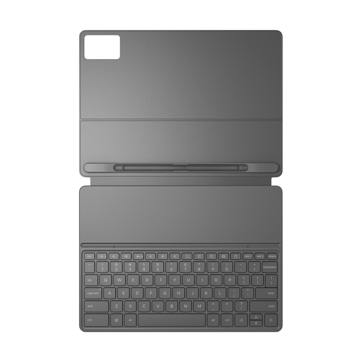 Una tastiera grigia per tablet con custodia, con tasti, un touchpad e un supporto per stilo. La tastiera è aperta.