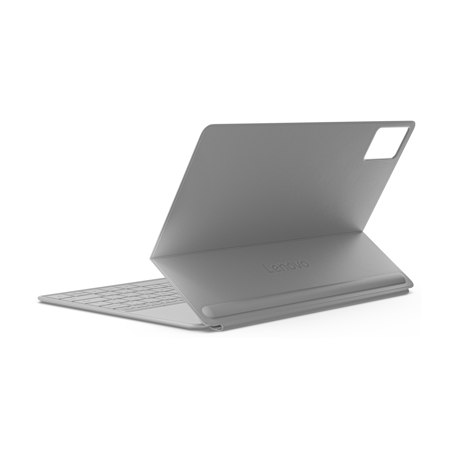 Un tablet Lenovo grigio con custodia per tastiera è aperto su sfondo bianco. La custodia è angolata, mostrando il logo Lenovo.
