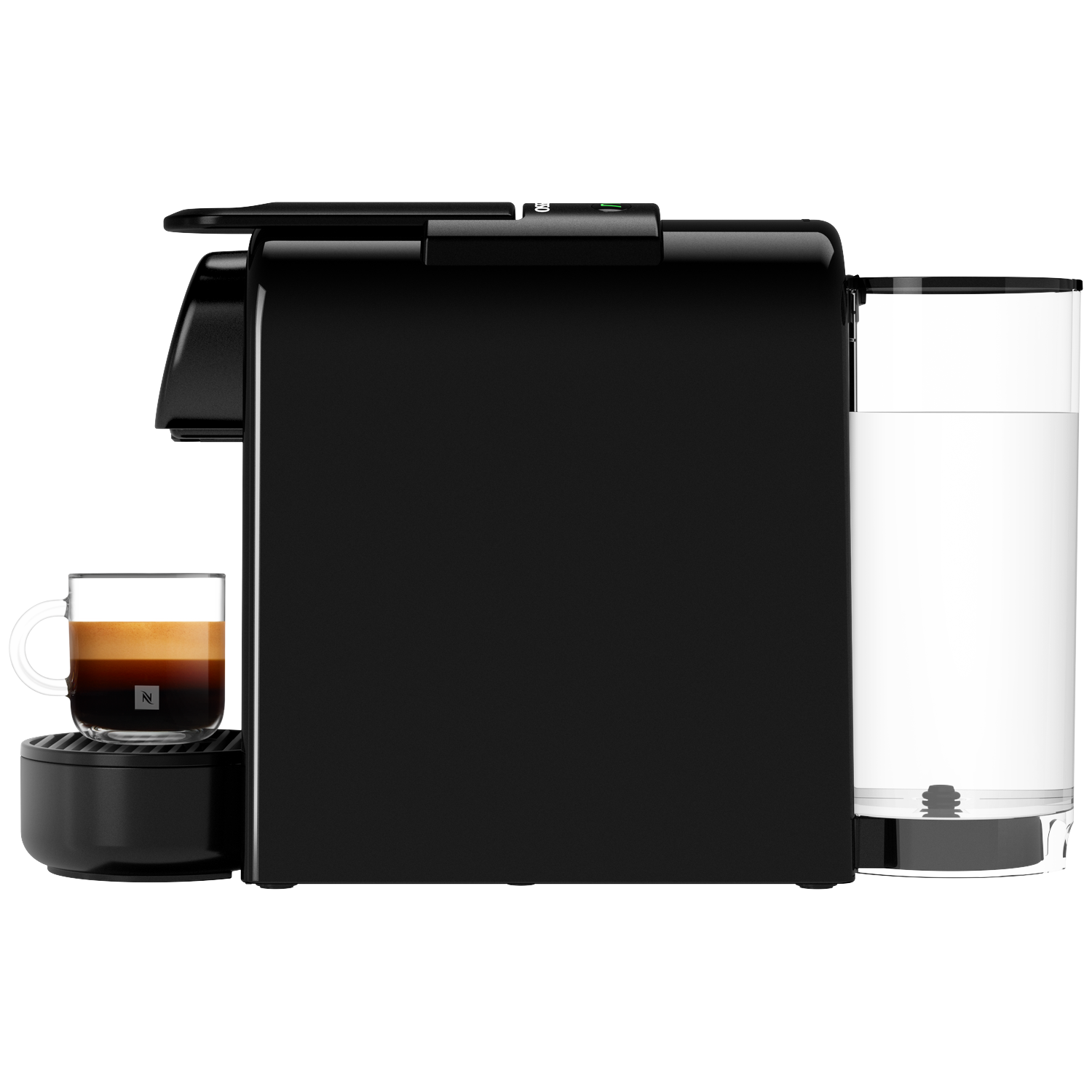 A black Nespresso coffee machine with a glass of espresso. A clear water tank is on the right.