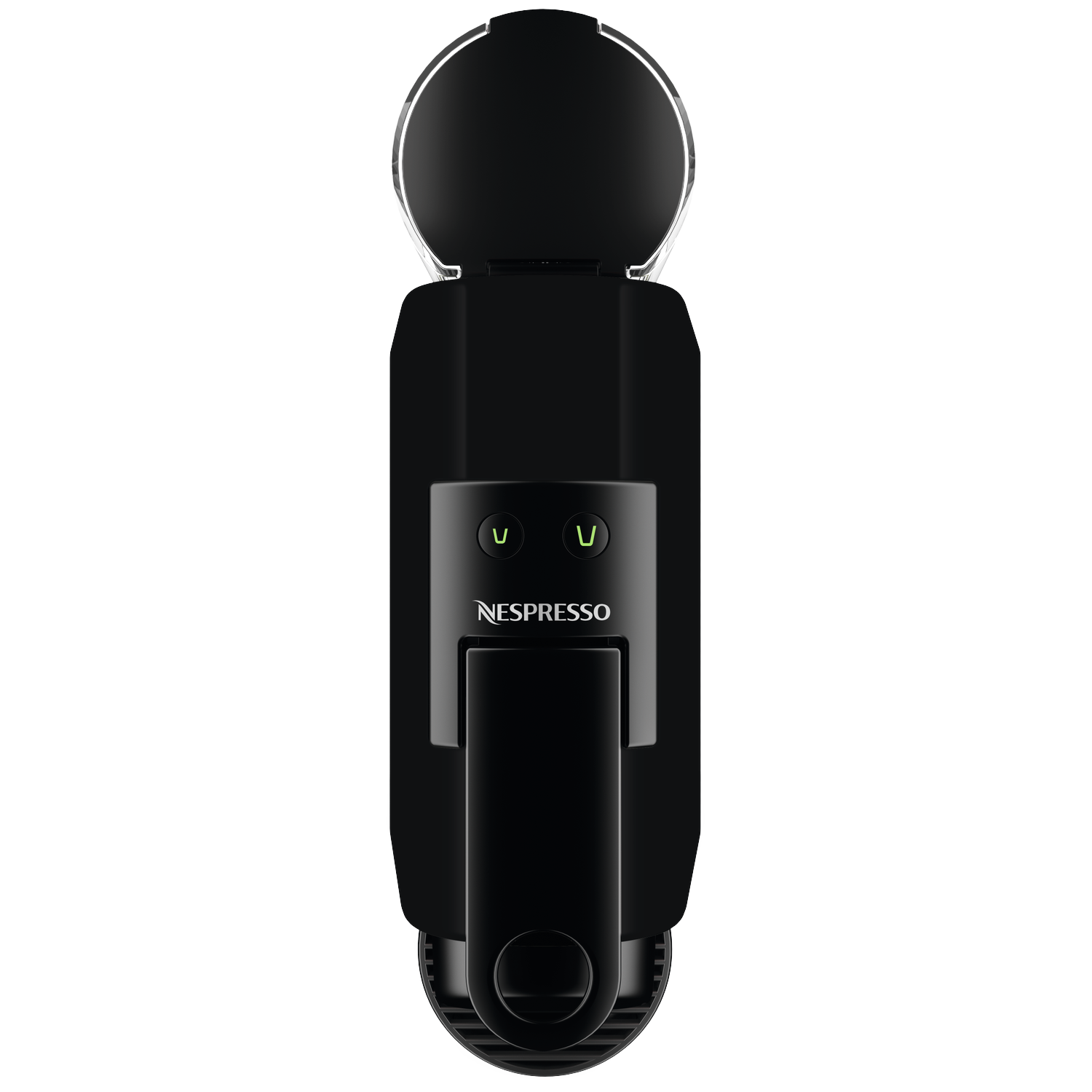 A black Nespresso coffee machine, top view. The top lid is open. The machine has two green illuminated buttons and the Nespresso logo.