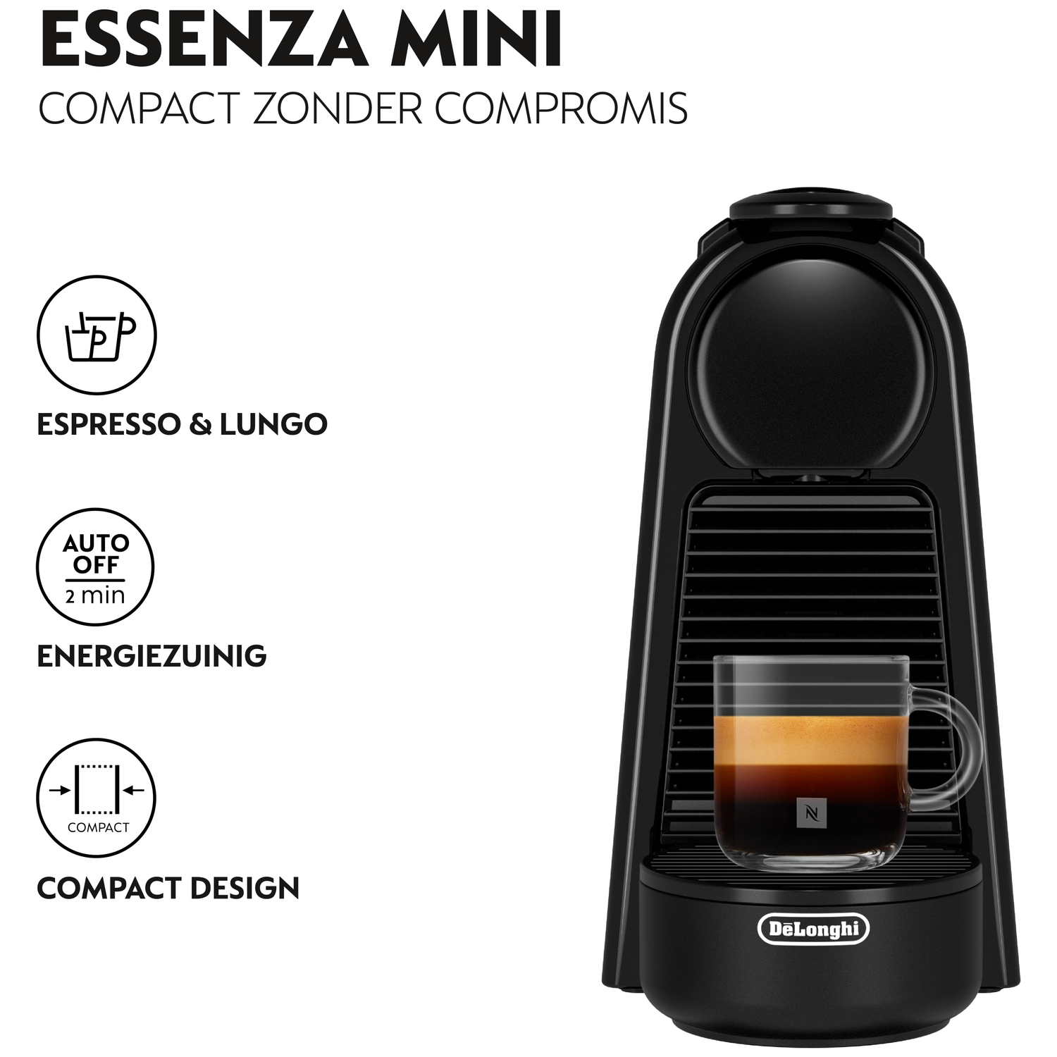 Black Essenza Mini coffee machine with a glass of espresso. Features include auto-off, compact design, and espresso & lungo options.