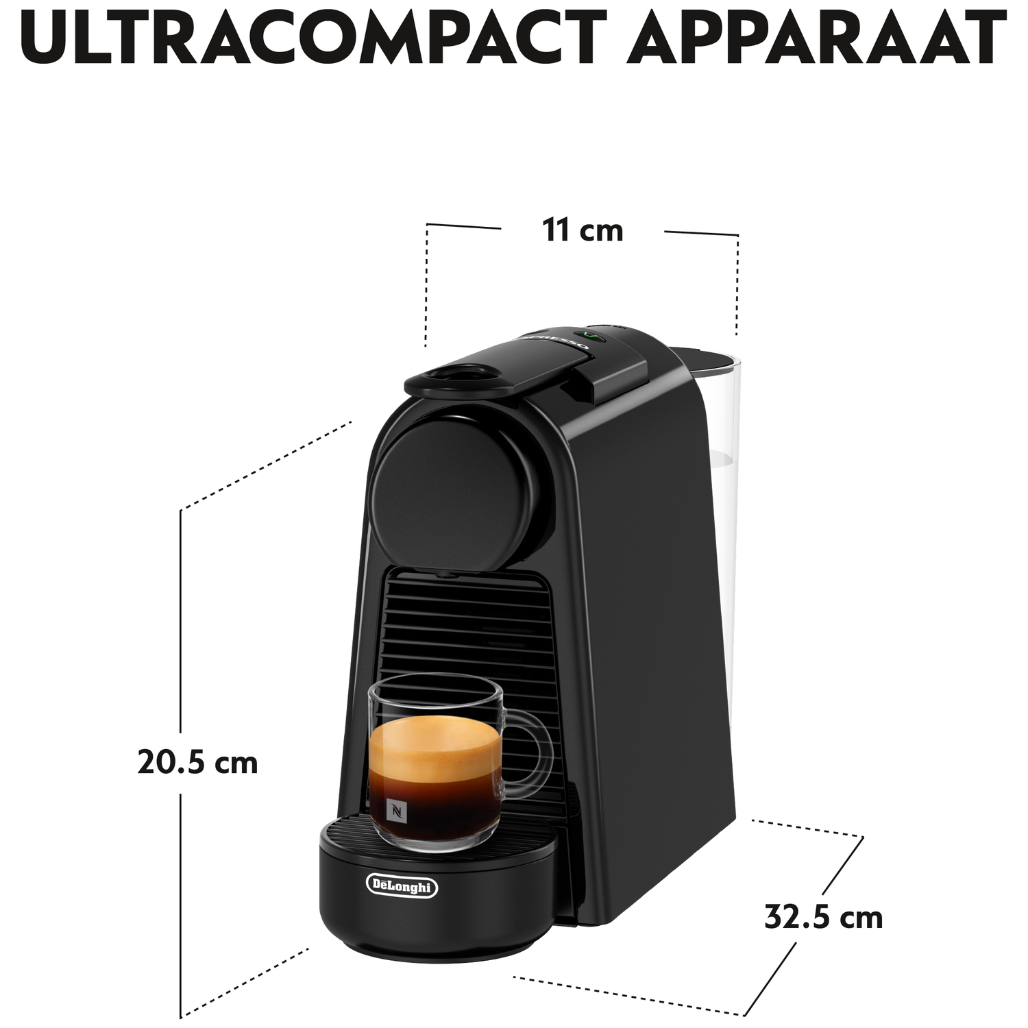 Black espresso machine with a glass of coffee. Dimensions: 11cm x 20.5cm x 32.5cm. Brand name: De'Longhi.