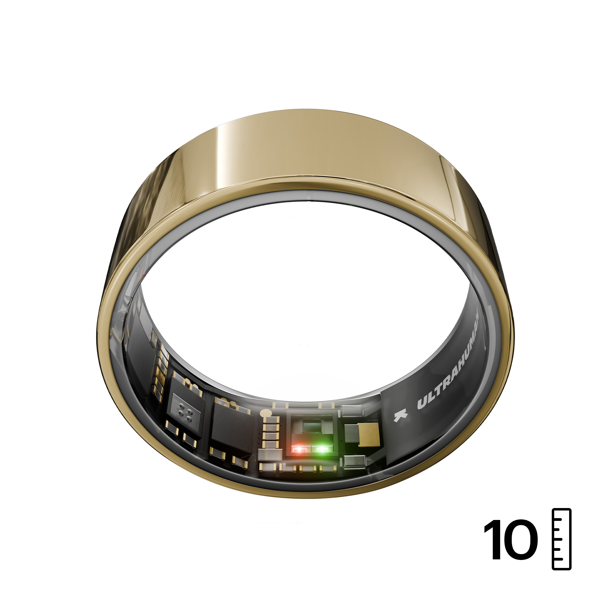 Goldener Smartring mit sichtbaren Innenteilen. Mit roten und grünen Lichtern. Weißer Hintergrund. Zahl 10 mit Lineal.