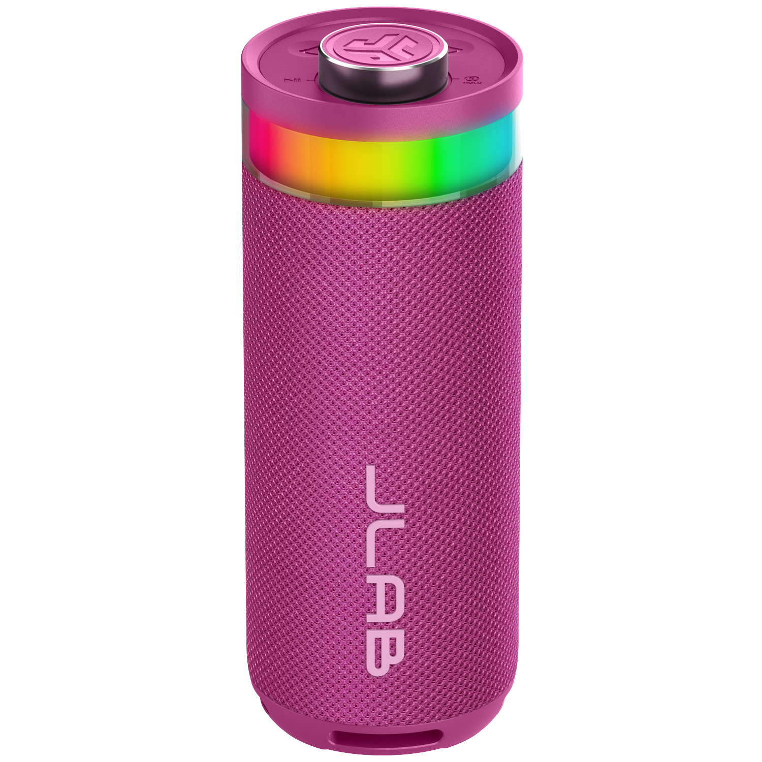 A pink JLab speaker with colorful light ring. It has a mesh body and buttons on top. The JLab logo is printed vertically on the front.