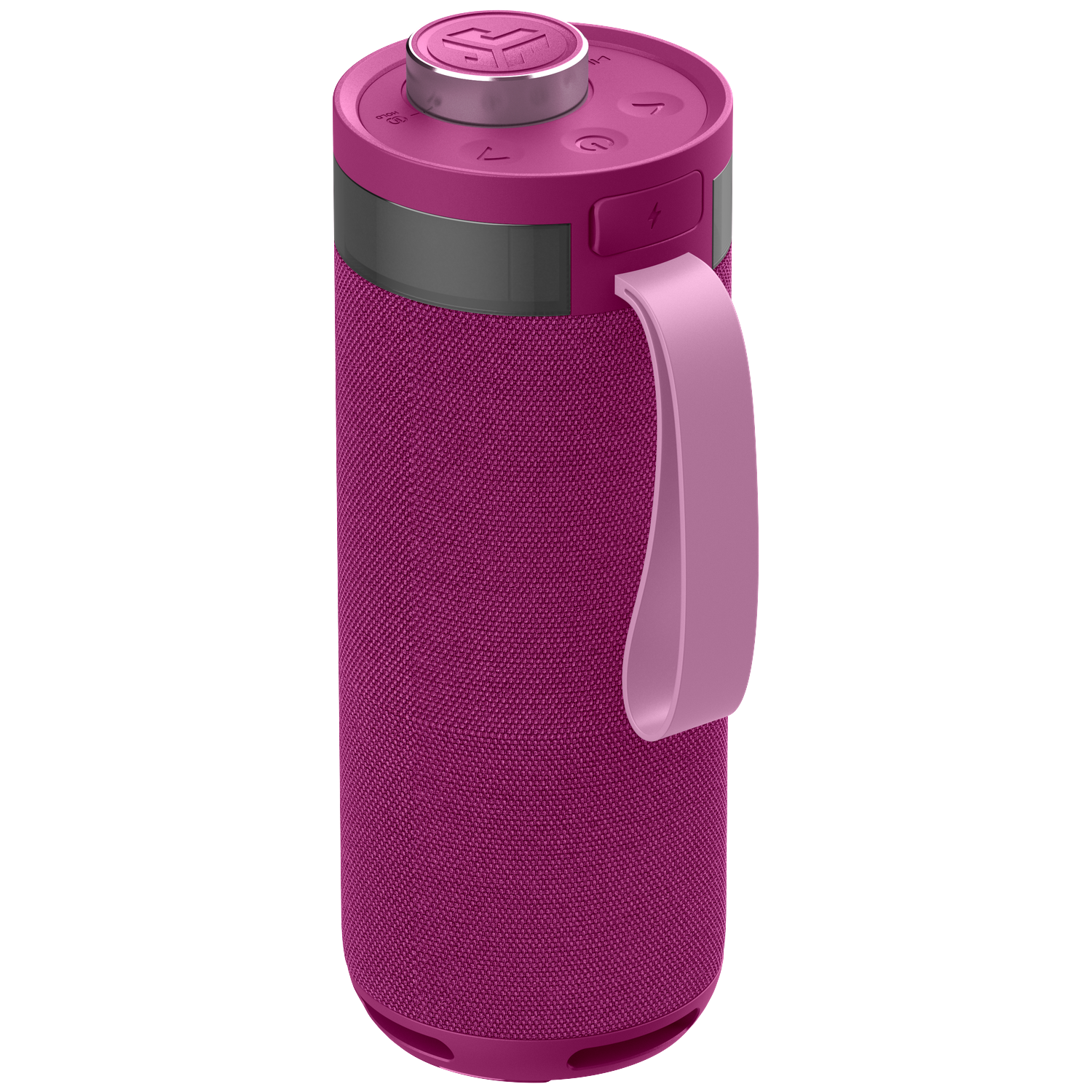 A magenta cylindrical speaker with a handle. It has buttons on top and a power button on the side. The speaker sits on a white background.