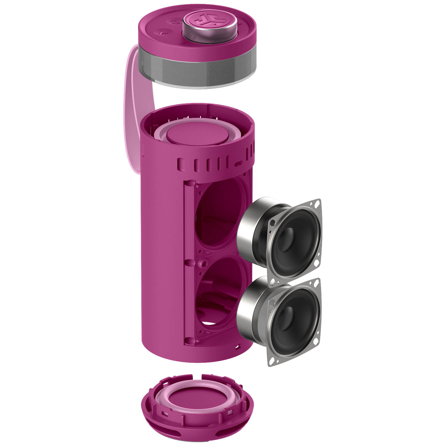Exploded view of a pink speaker. Components include top, body, bottom, and two silver speakers. Parts are separated.