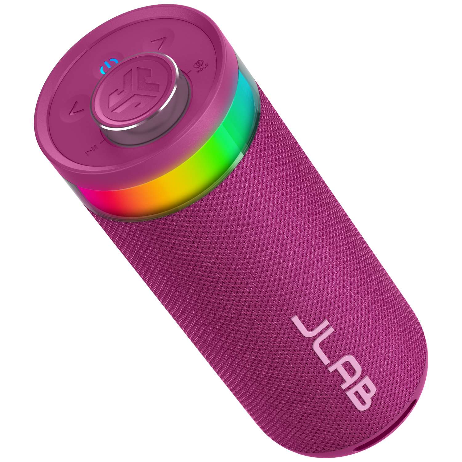 A magenta JLab speaker with a rainbow light ring. It has control buttons at the top and the JLab logo at the bottom.