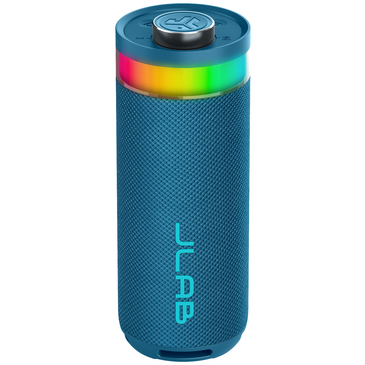Blue cylindrical speaker with colorful light band. Has a top control panel and JLab logo. Background is plain white.