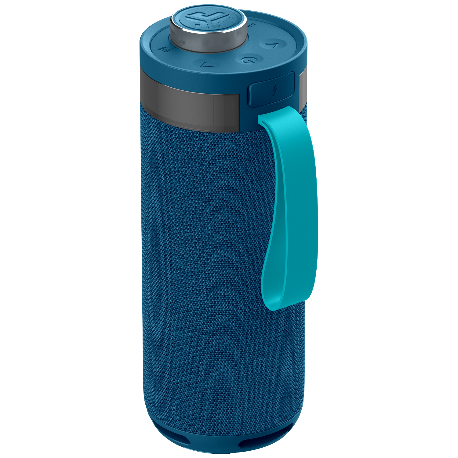 A blue cylindrical speaker with a teal handle. It has buttons on top and a textured fabric body. Silver accents are visible.