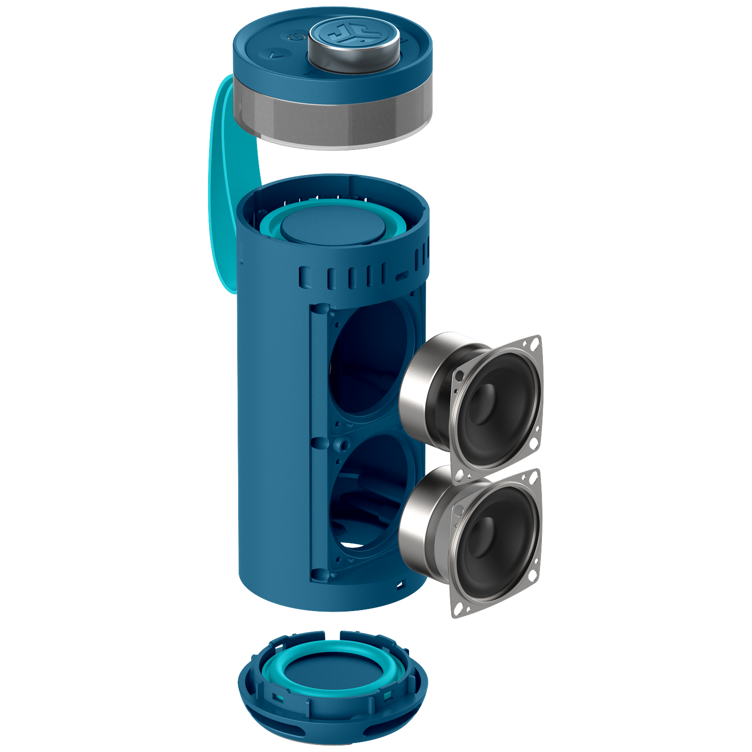 An exploded view of a blue and gray speaker. Components include the top, body, two speakers, and the bottom base.