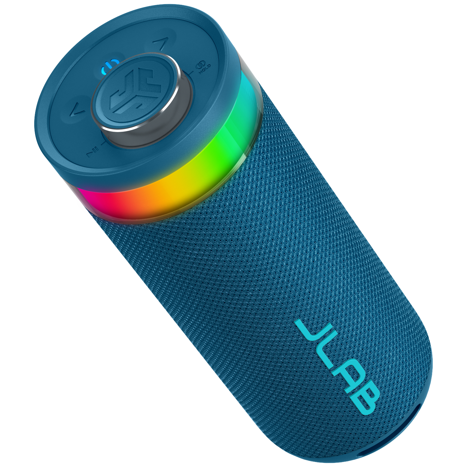 Blue cylindrical speaker with rainbow light, controls on top, and the JLab logo on the side.