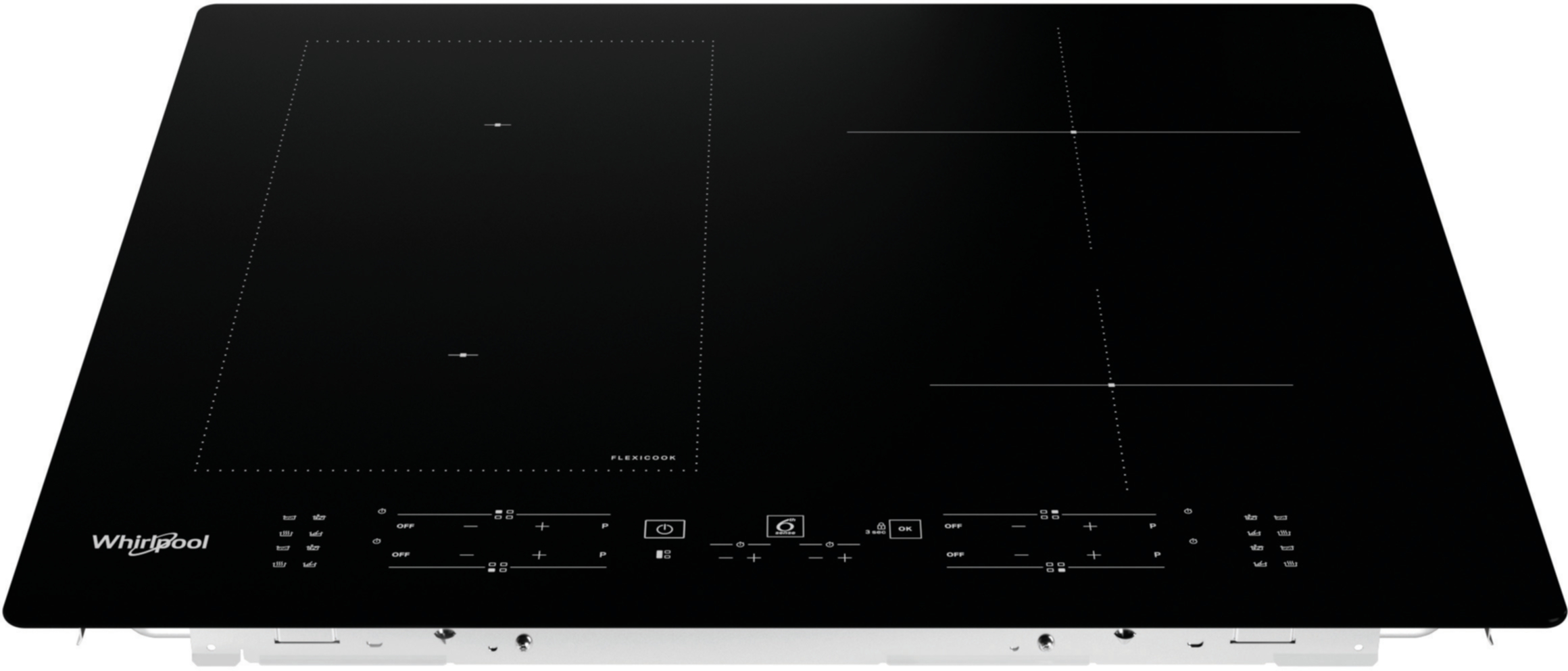 Czarna płyta indukcyjna Whirlpool z elementami dotykowymi. Posiada cztery strefy gotowania i obszar FlexiCook.