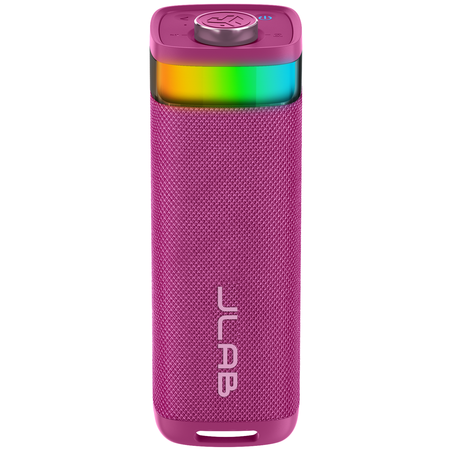 A magenta JLab speaker with a rainbow light. It has a metallic top with buttons and the JLab logo on the side.