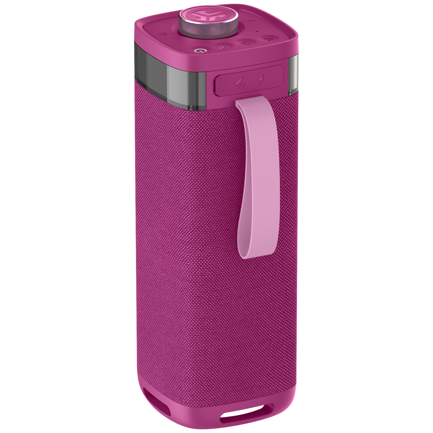 A magenta portable speaker with a pink handle. It has a rounded top with buttons and a silver dial. The body is fabric.