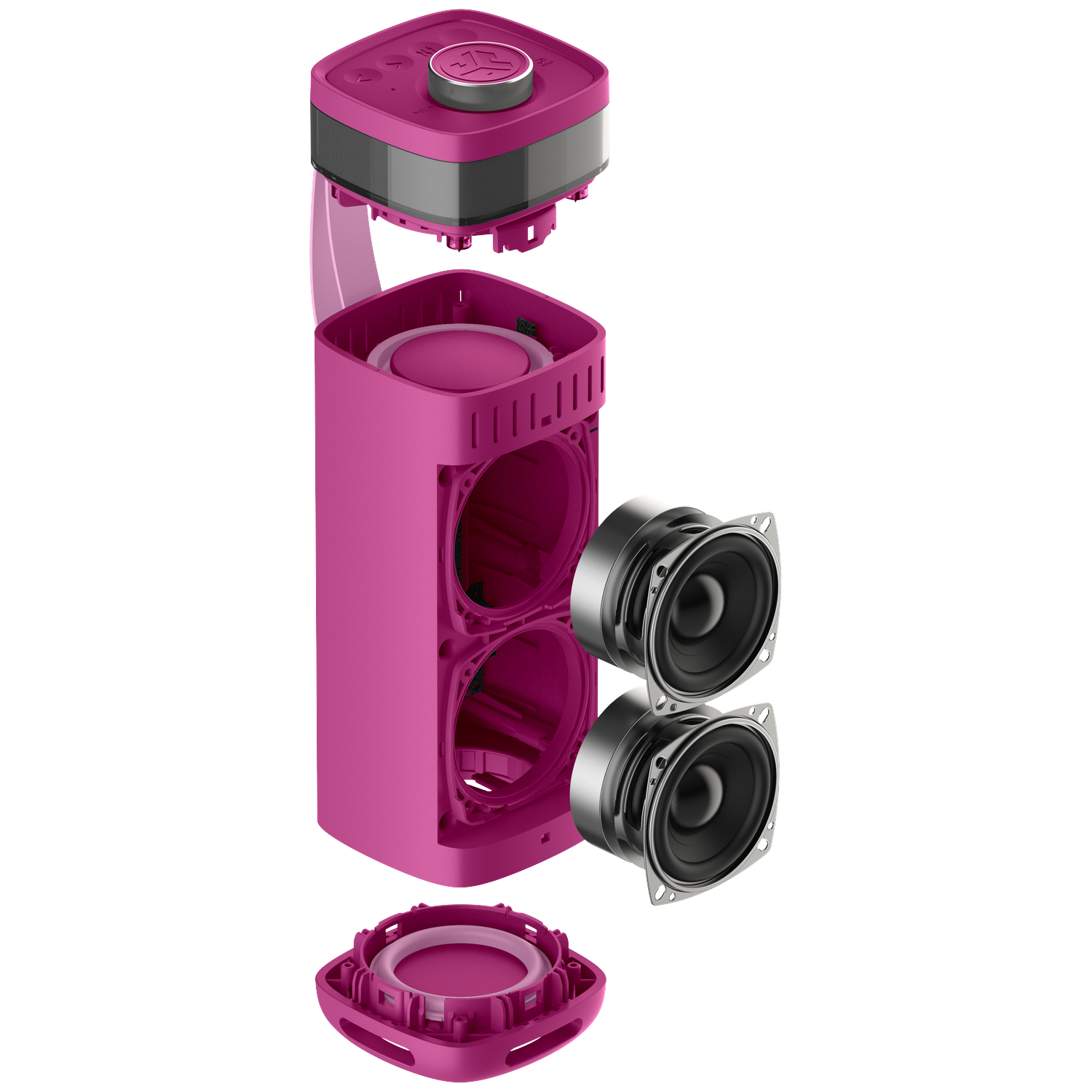 Exploded view of a pink speaker, showing its components: top, body, bottom, and two speakers, all isolated on a white background.
