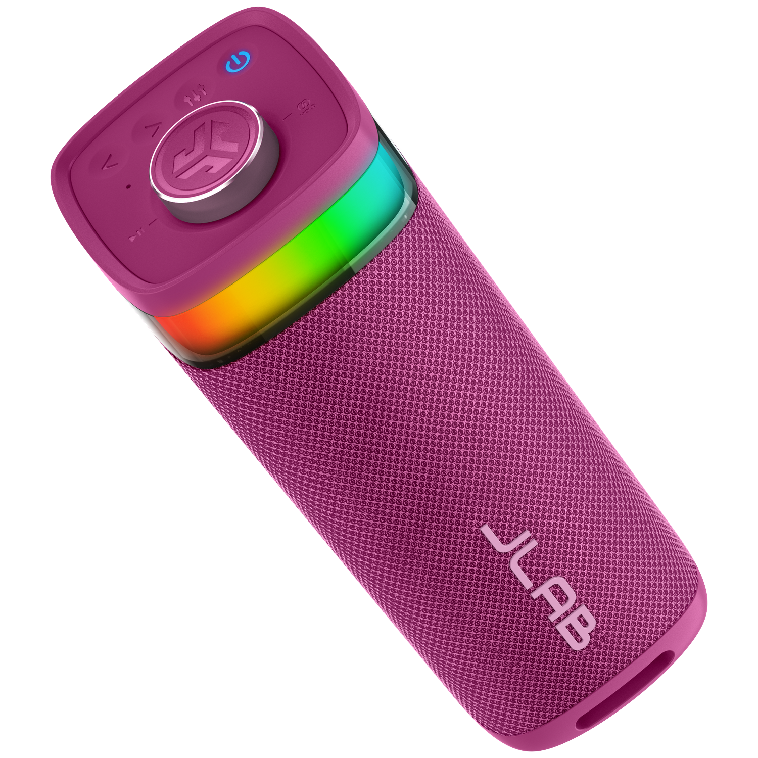 A magenta JLab speaker with rainbow lights. It has buttons on top and a mesh fabric body. The JLab logo is visible.