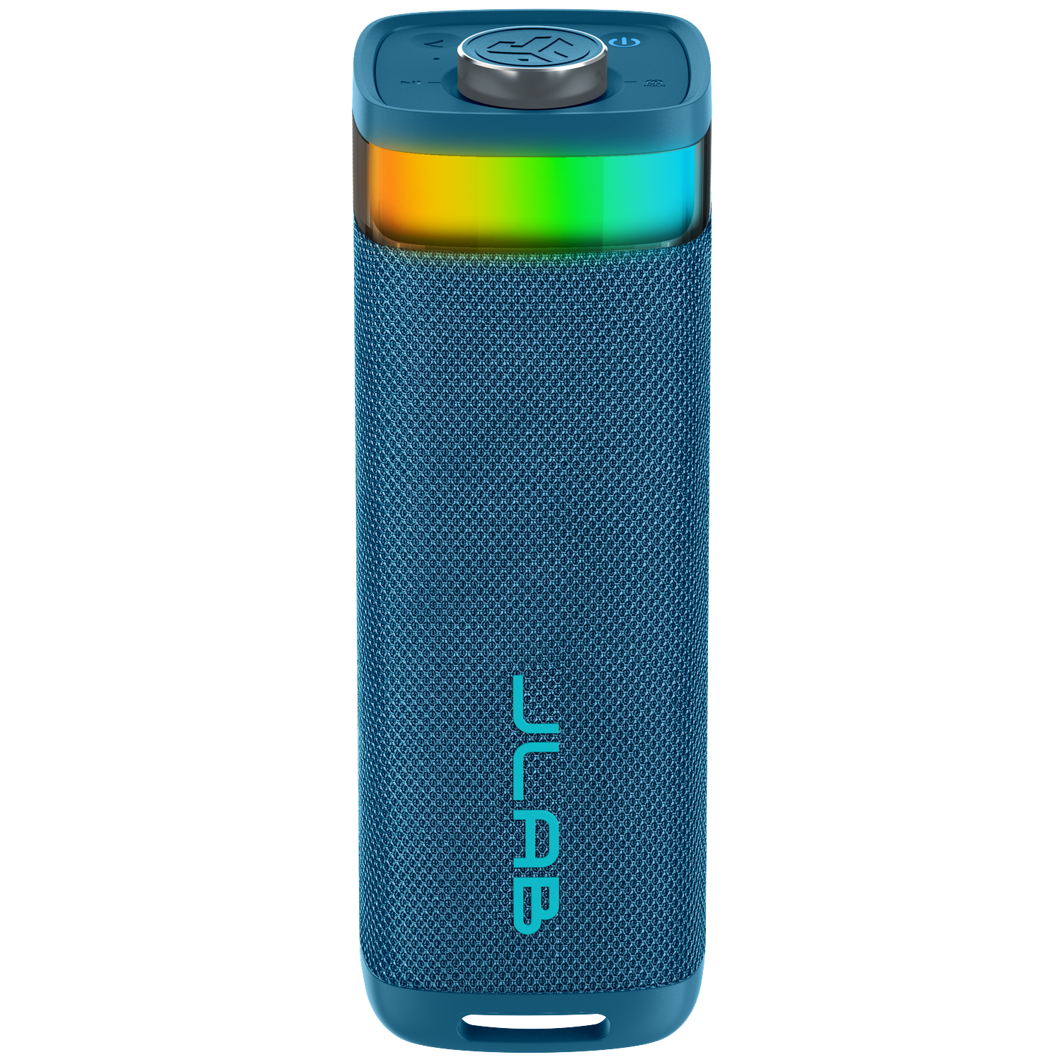 Blue cylindrical speaker with colorful lights. It has a metallic top with buttons and the brand name 'JLab' on it.