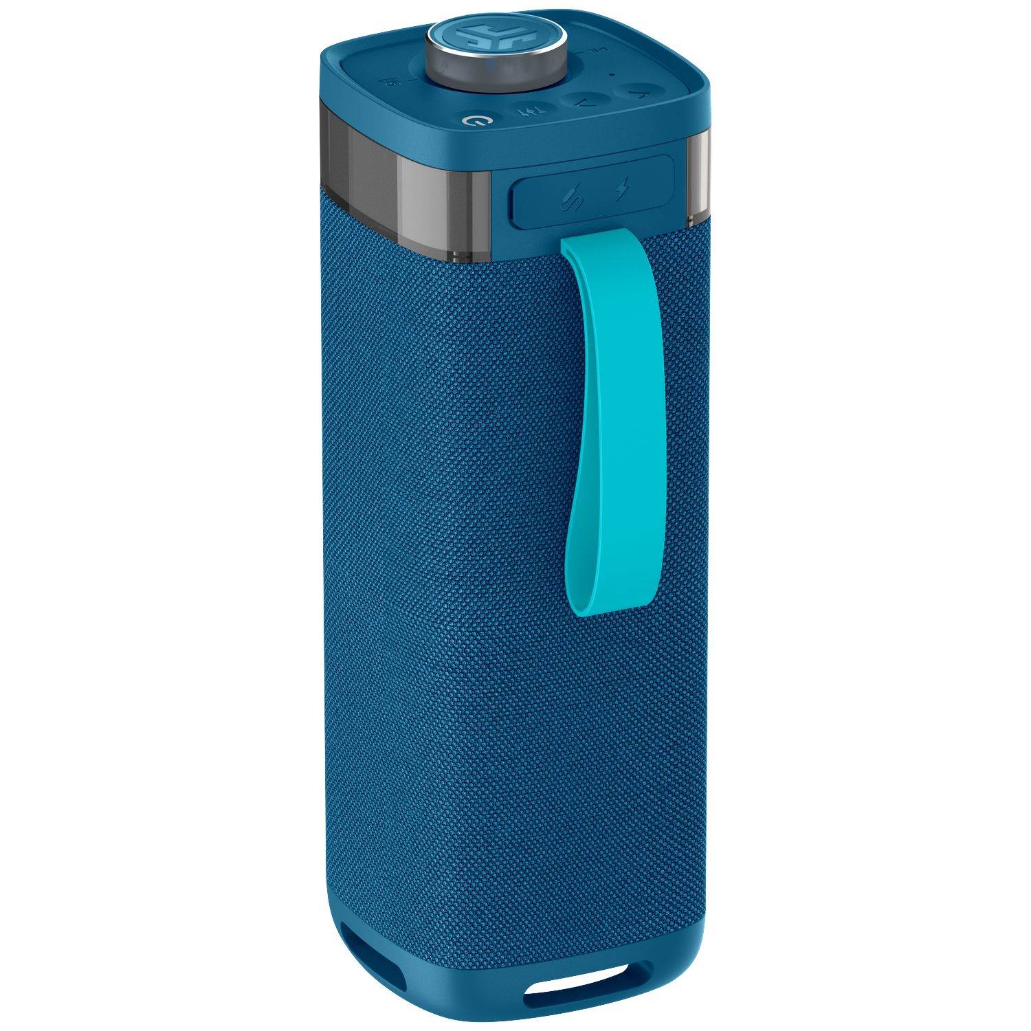 A blue portable speaker with a teal handle. It has a fabric-like texture on the body and a control panel on top.