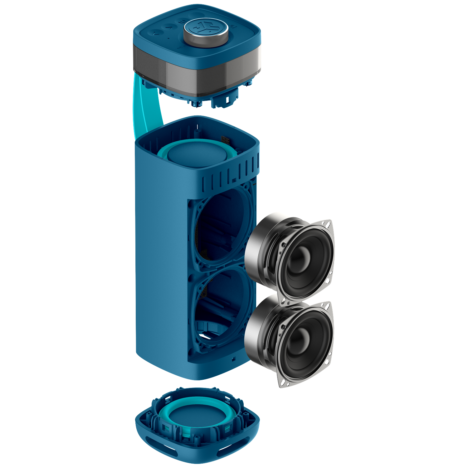 Exploded view of a teal and gray speaker. Components include a top control panel, speakers, and a bottom base.
