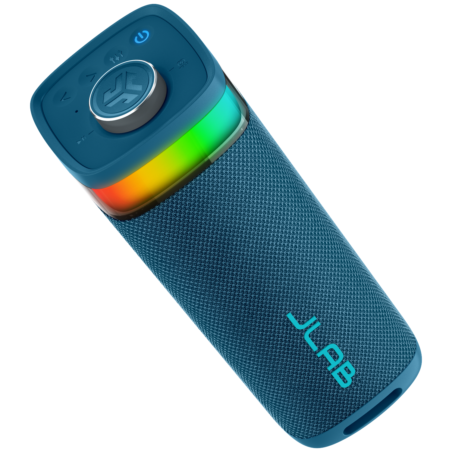 Blue cylindrical speaker with control buttons on top, a glowing rainbow light, and the JLab logo.