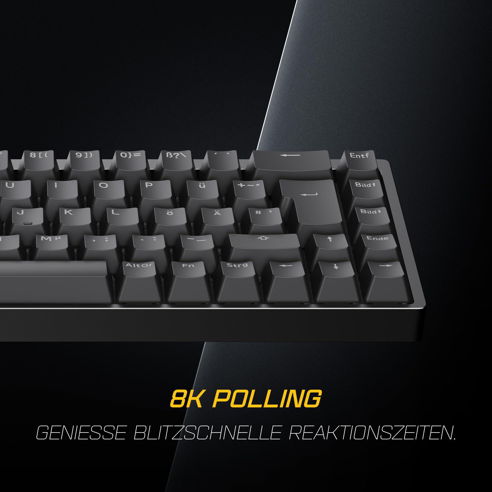 Eine dunkelgraue Tastatur mit Tasten und Beschriftungen. Der Hintergrund ist schwarz. Text: '8K POLLING' und deutscher Text.