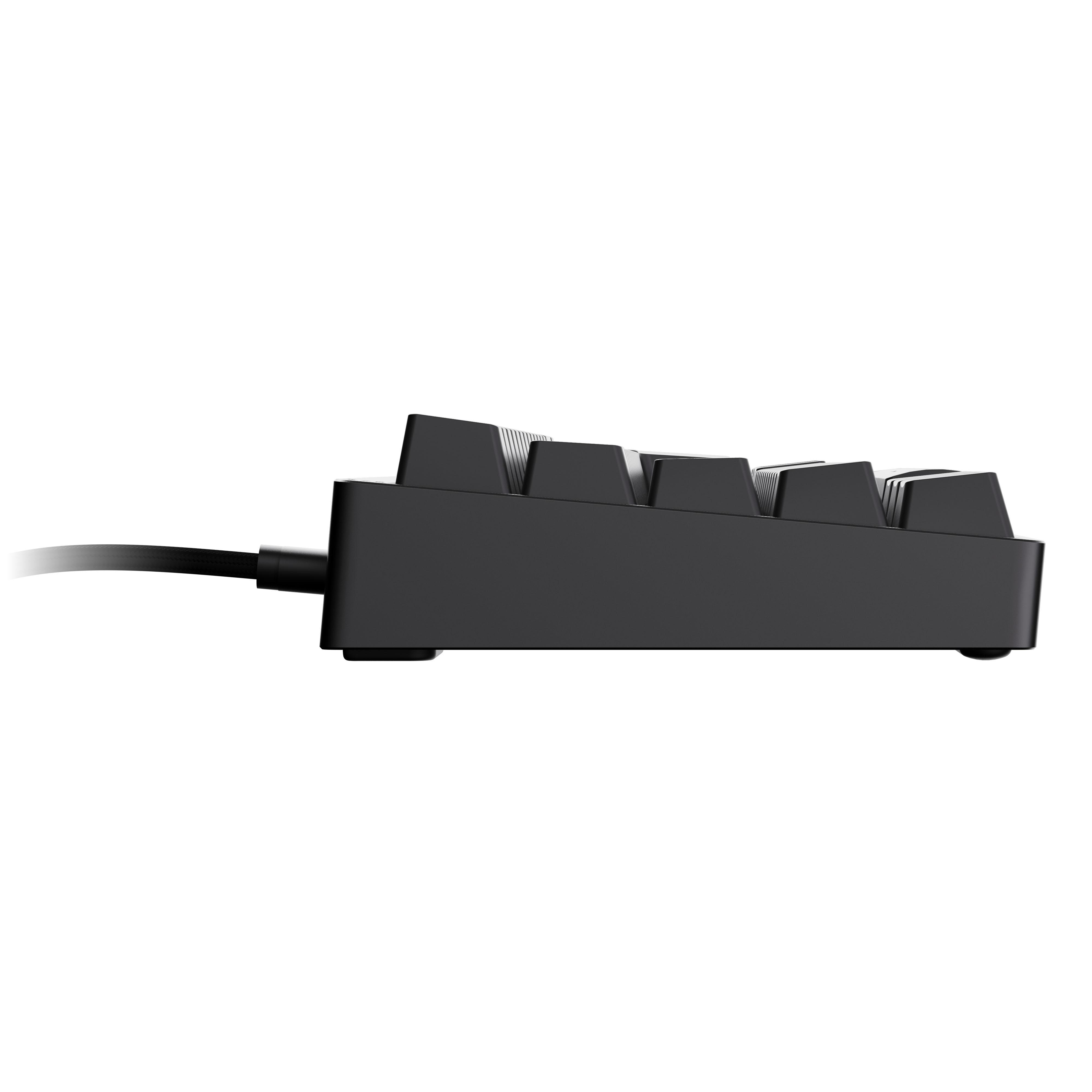 Seitenansicht einer schwarzen Tastatur mit sichtbaren Tasten. Ein schwarzes Kabel erstreckt sich nach links.