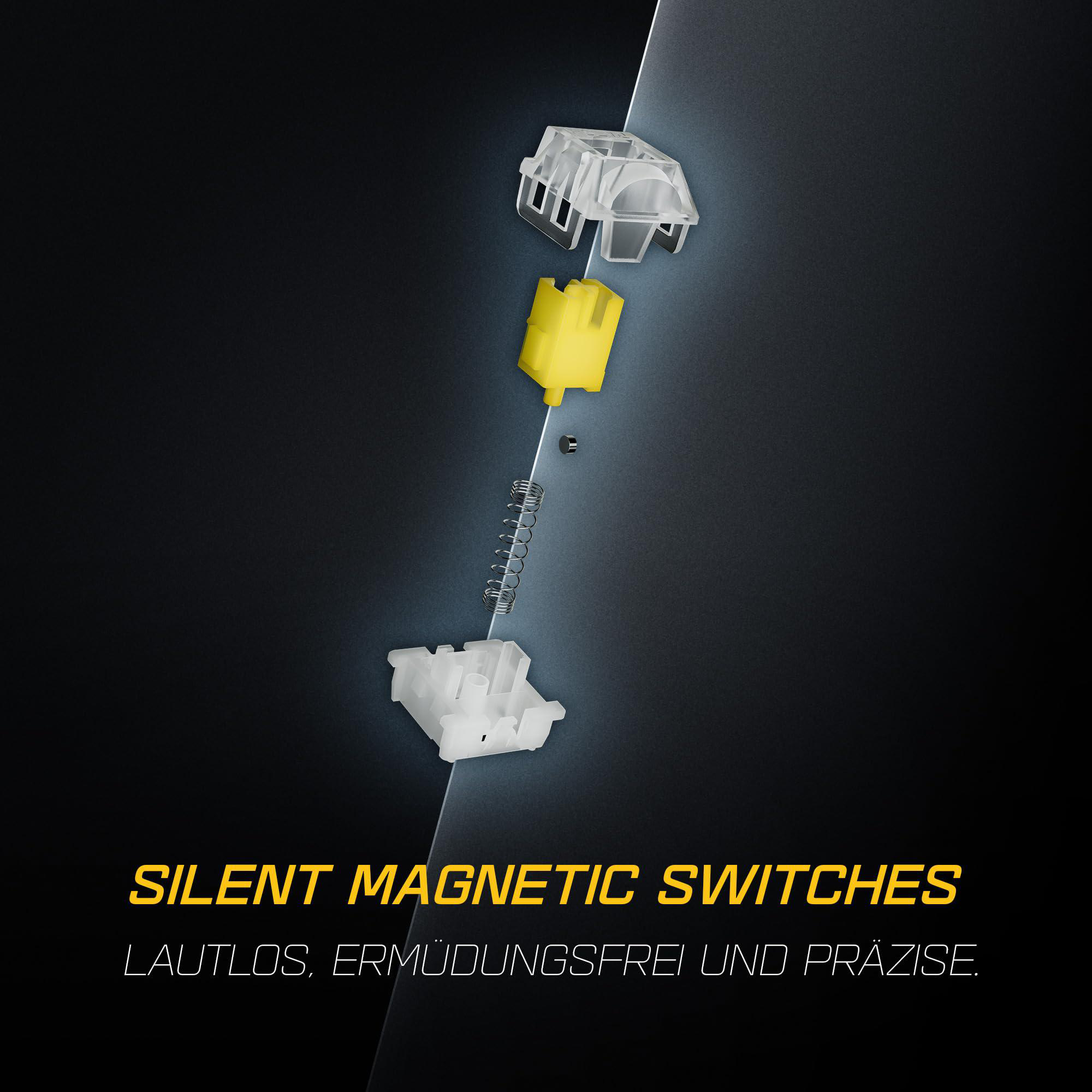 Explodierte Ansicht eines Tastaturschalters. Komponenten sind weiß und gelb, mit Feder und kleinem schwarzen Teil, auf schwarzem Hintergrund.