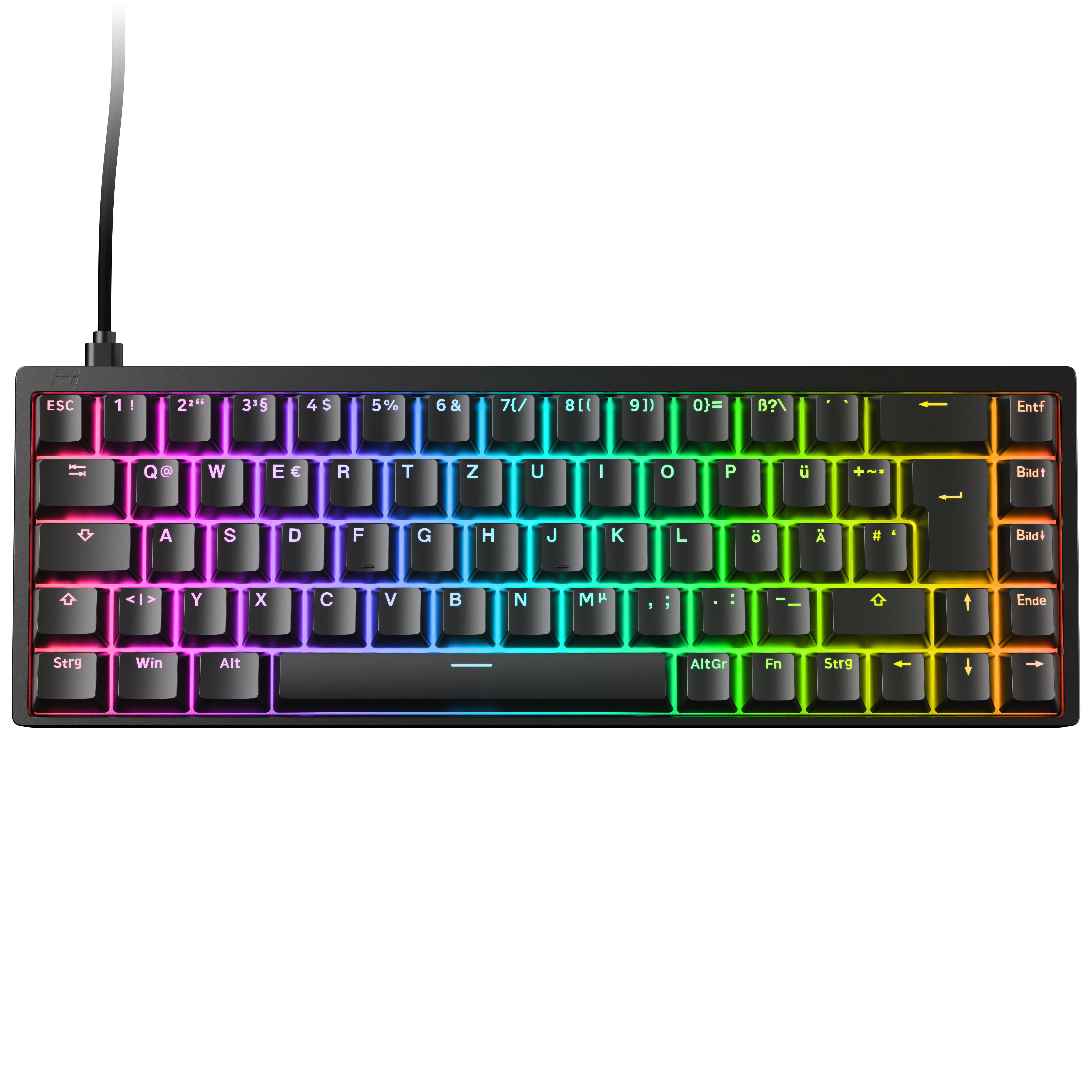 Eine schwarze Tastatur mit bunten, hintergrundbeleuchteten Tasten. Einige Tasten haben Symbole und Buchstaben. Ein schwarzes Kabel ist angeschlossen.