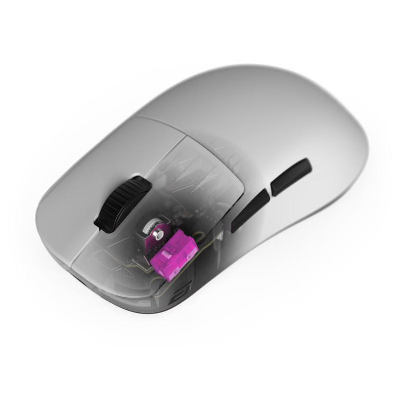 Graue Computermaus mit teiltransparentem Design. Zeigt interne Komponenten, einschließlich eines pinkfarbenen Schalters und eines schwarzen Scrollrads.