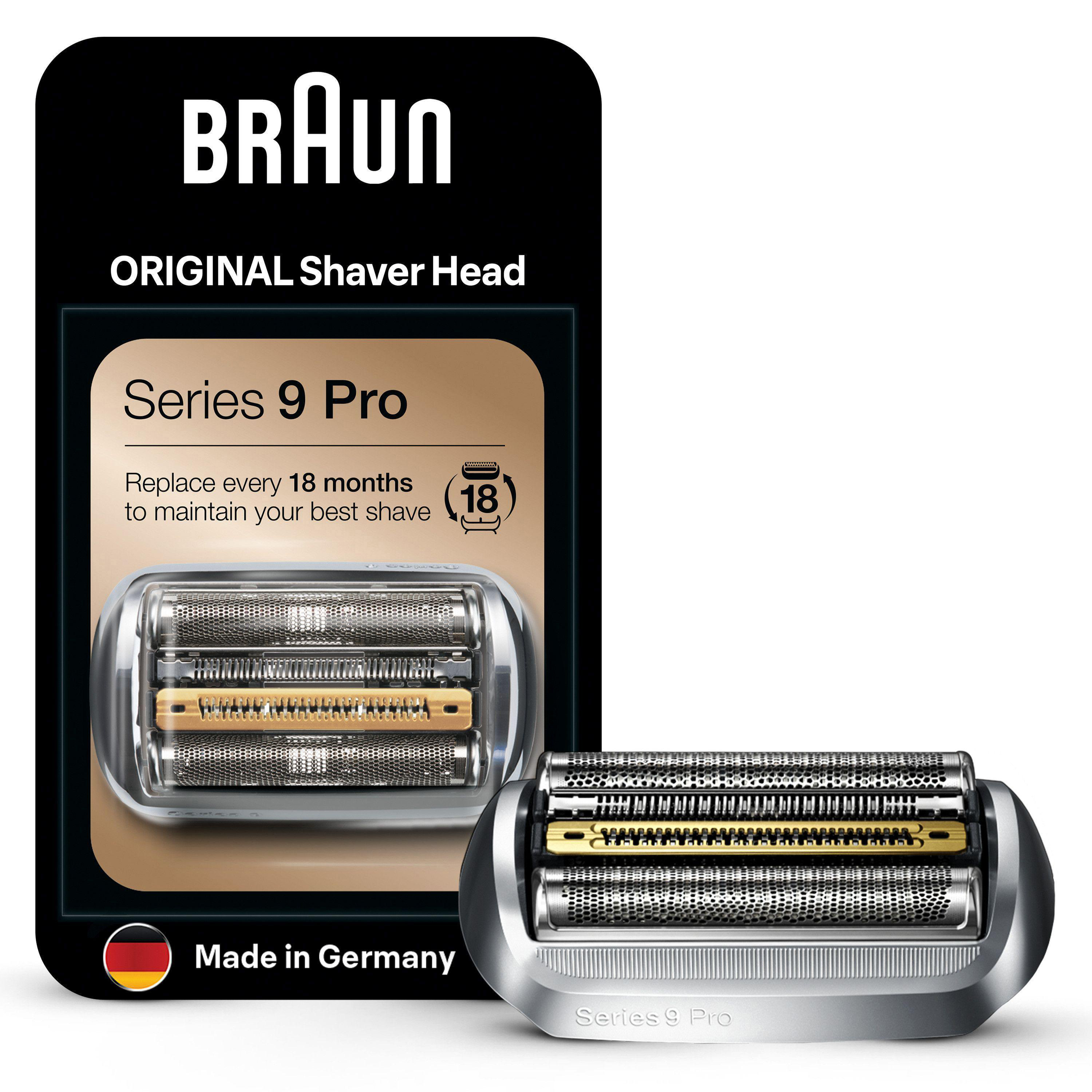 Das Bild zeigt einen Braun Series 9 Pro Rasiererkopf. Die Verpackung zeigt das Produkt, mit deutscher Flagge und Text.