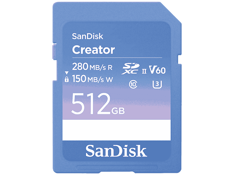 Tarjeta SDXC - Sandisk Creator SD USH-II, 512GB, Hasta 280 MB/s de lectura, Vídeos 6K, Para DSLR, V60, U3, Azul