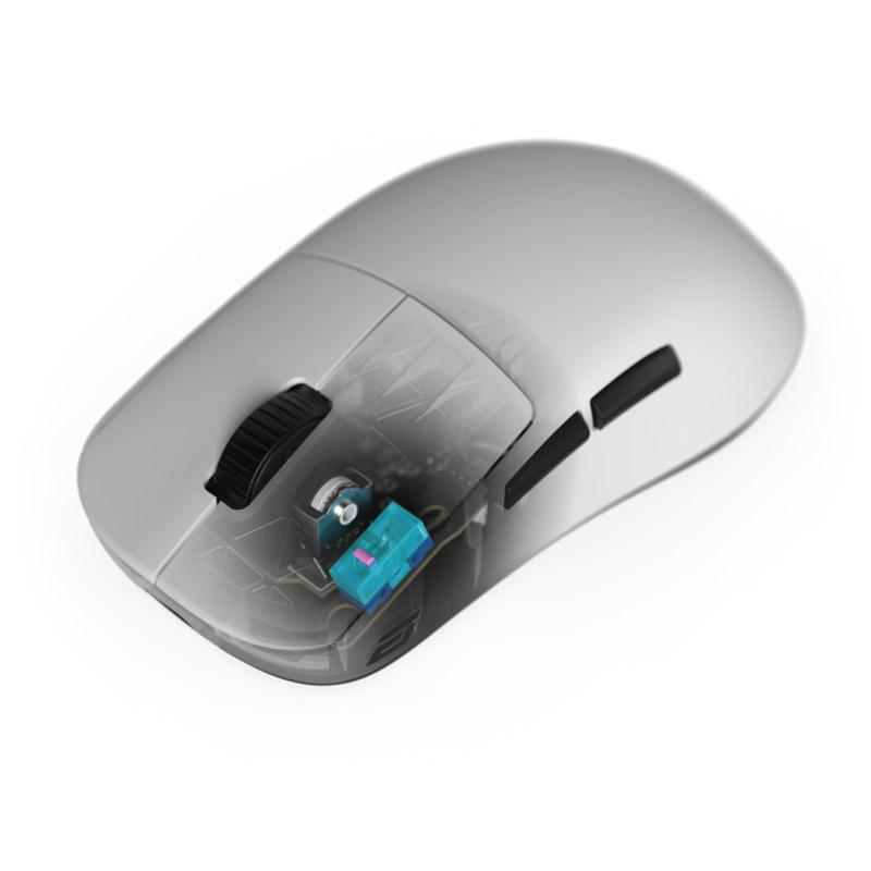 Eine graue Computermaus mit teilweise transparentem Gehäuse. Die inneren Komponenten, einschließlich eines blau-rosa Schalters, sind sichtbar.