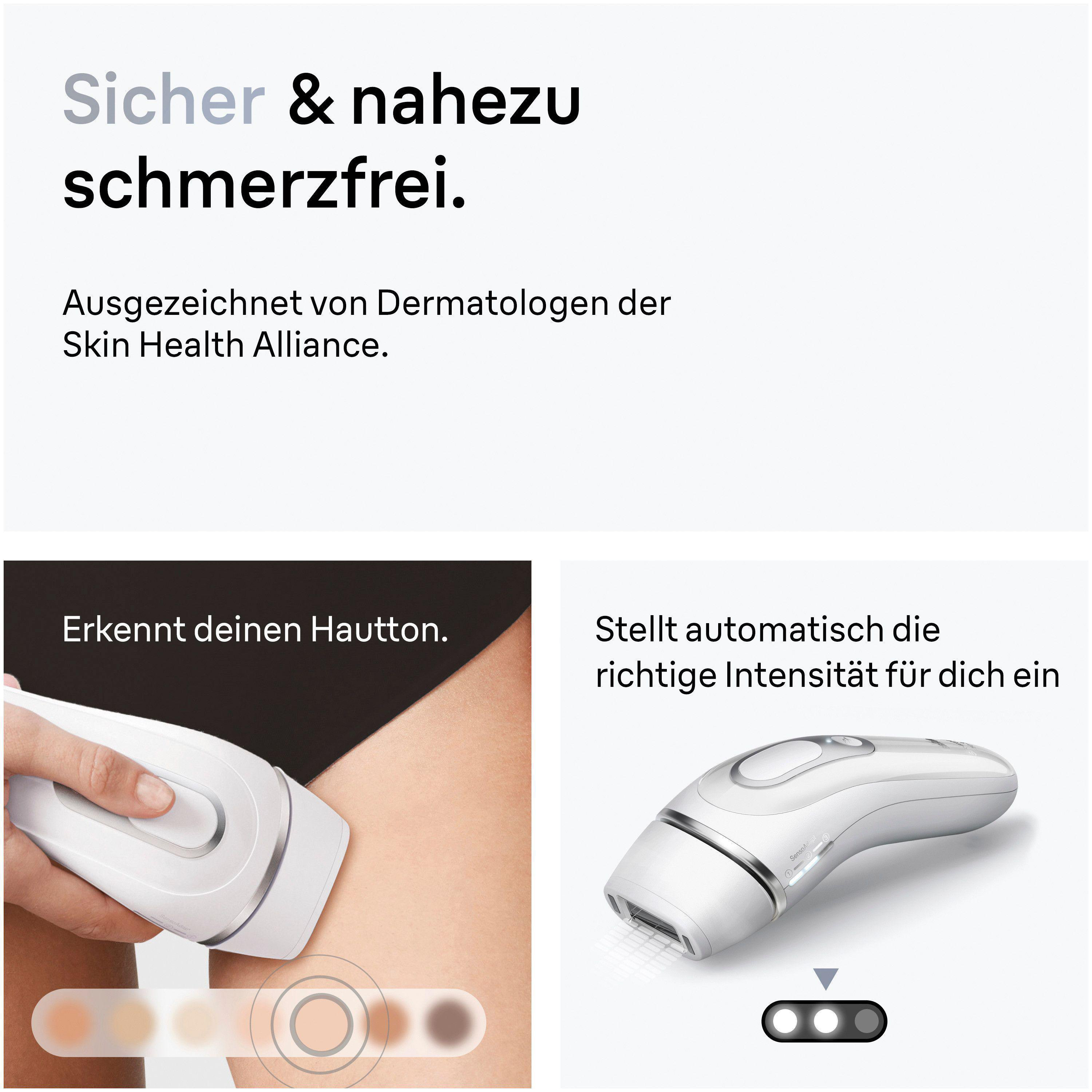 Das Bild zeigt ein Haarentfernungsgerät mit deutschem Text. Es hebt die Hauttonerkennung und automatische Intensität hervor.