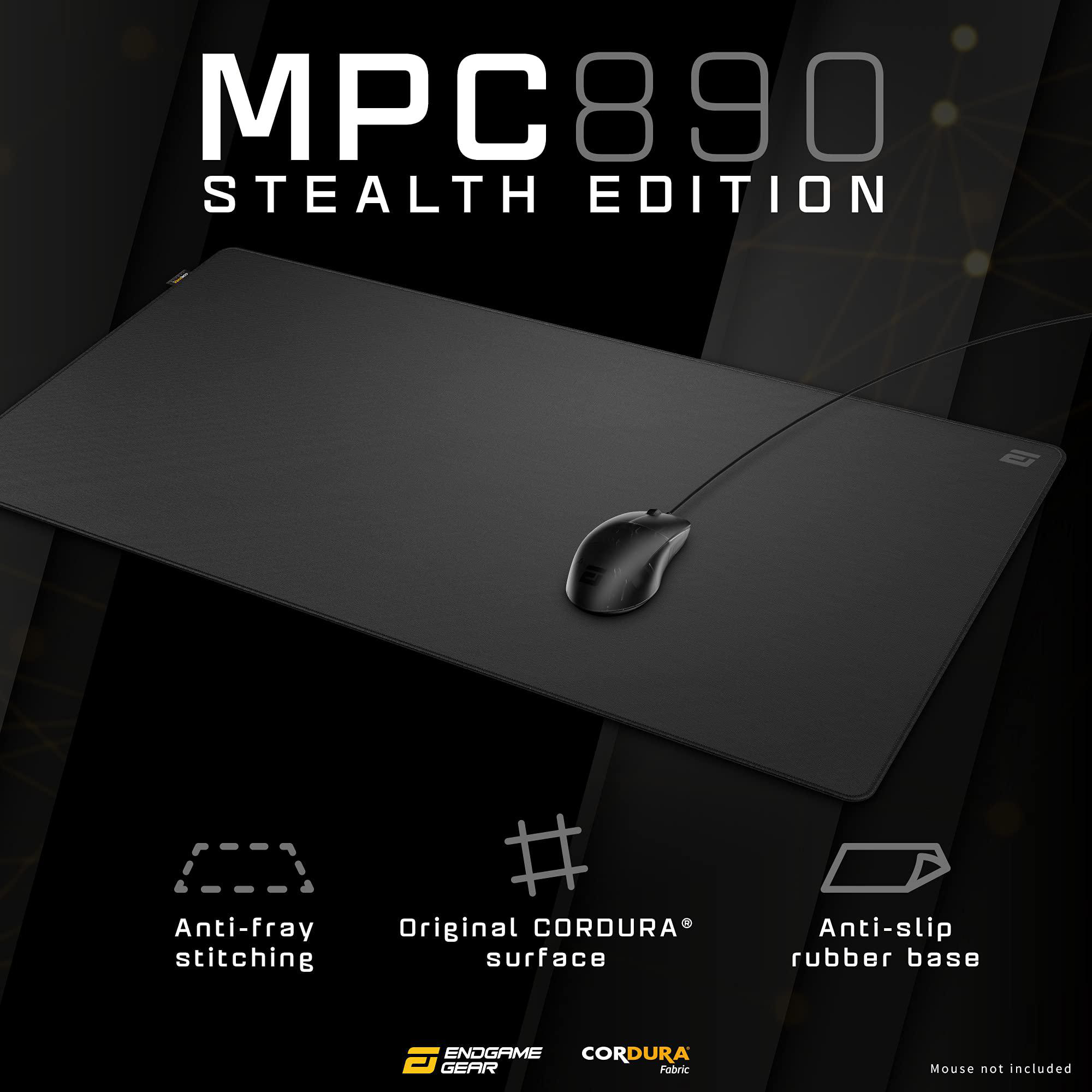 Schwarzes Mauspapier, Maus oben. Text: MPC890 Stealth Edition. Merkmale: Anti-Fransen-Nähte, Cordura-Oberfläche, rutschfeste Gummiunterseite.