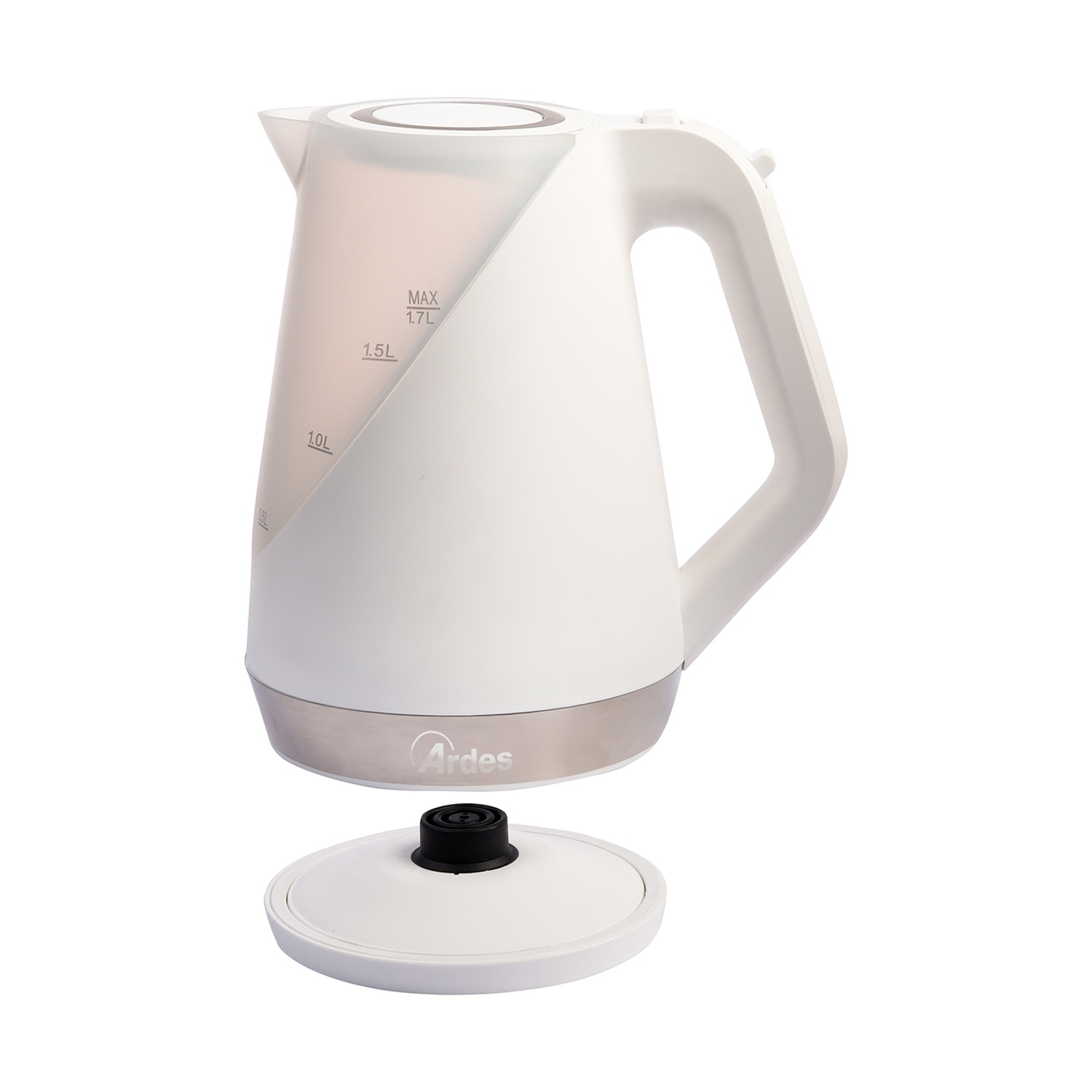 Bollitore elettrico bianco con indicatore di livello dell'acqua trasparente e base staccata. Il marchio 'Ardes' è visibile.