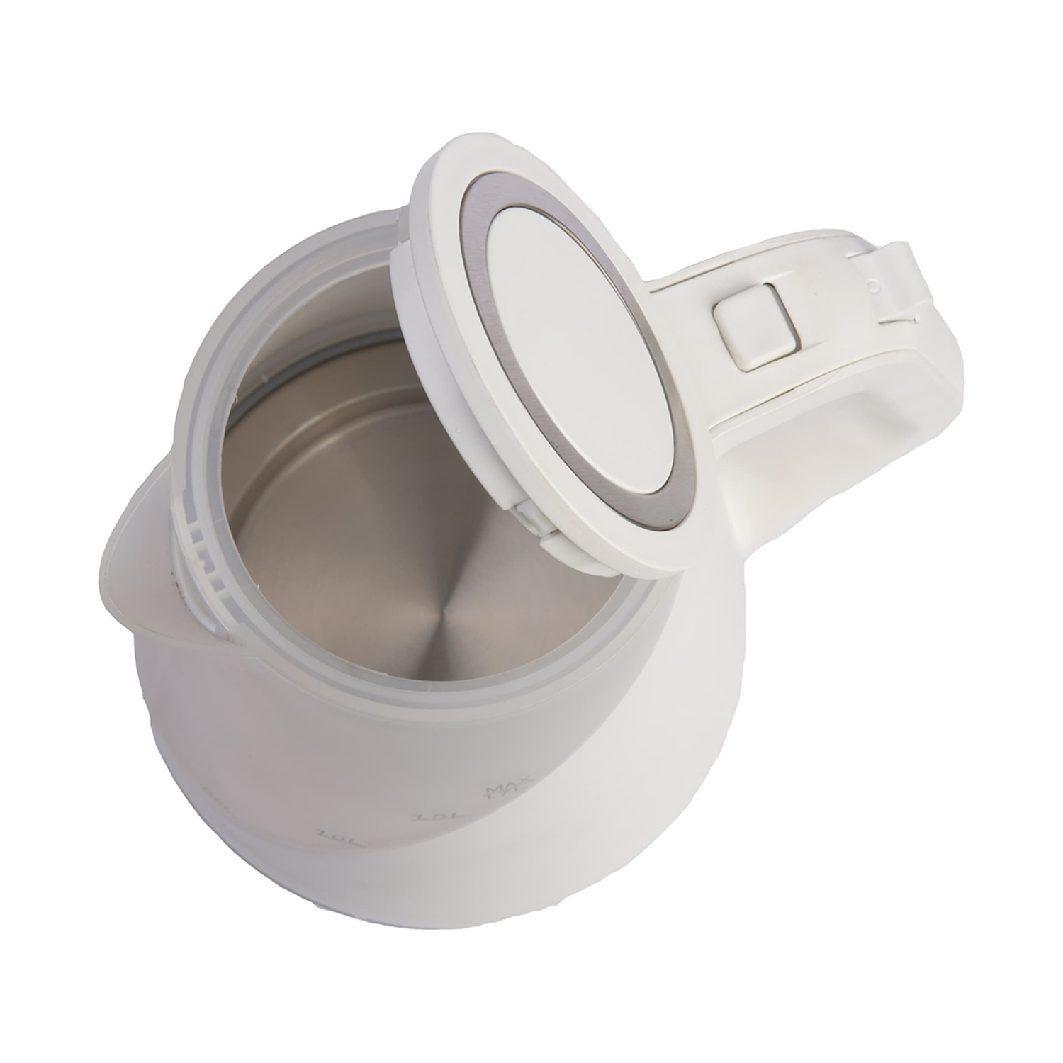 Un bollitore elettrico bianco con il coperchio aperto. L'interno è in acciaio inossidabile. Il manico e il coperchio sono in plastica bianca.