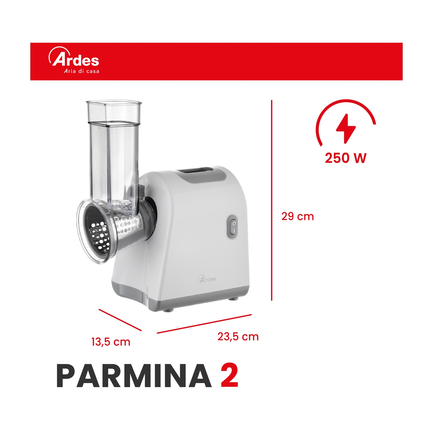 Un tritacarne Parmina 2 bianco e grigio. Le dimensioni sono indicate. In alto c'è una barra rossa con il logo Ardes. Sono indicati 250W.